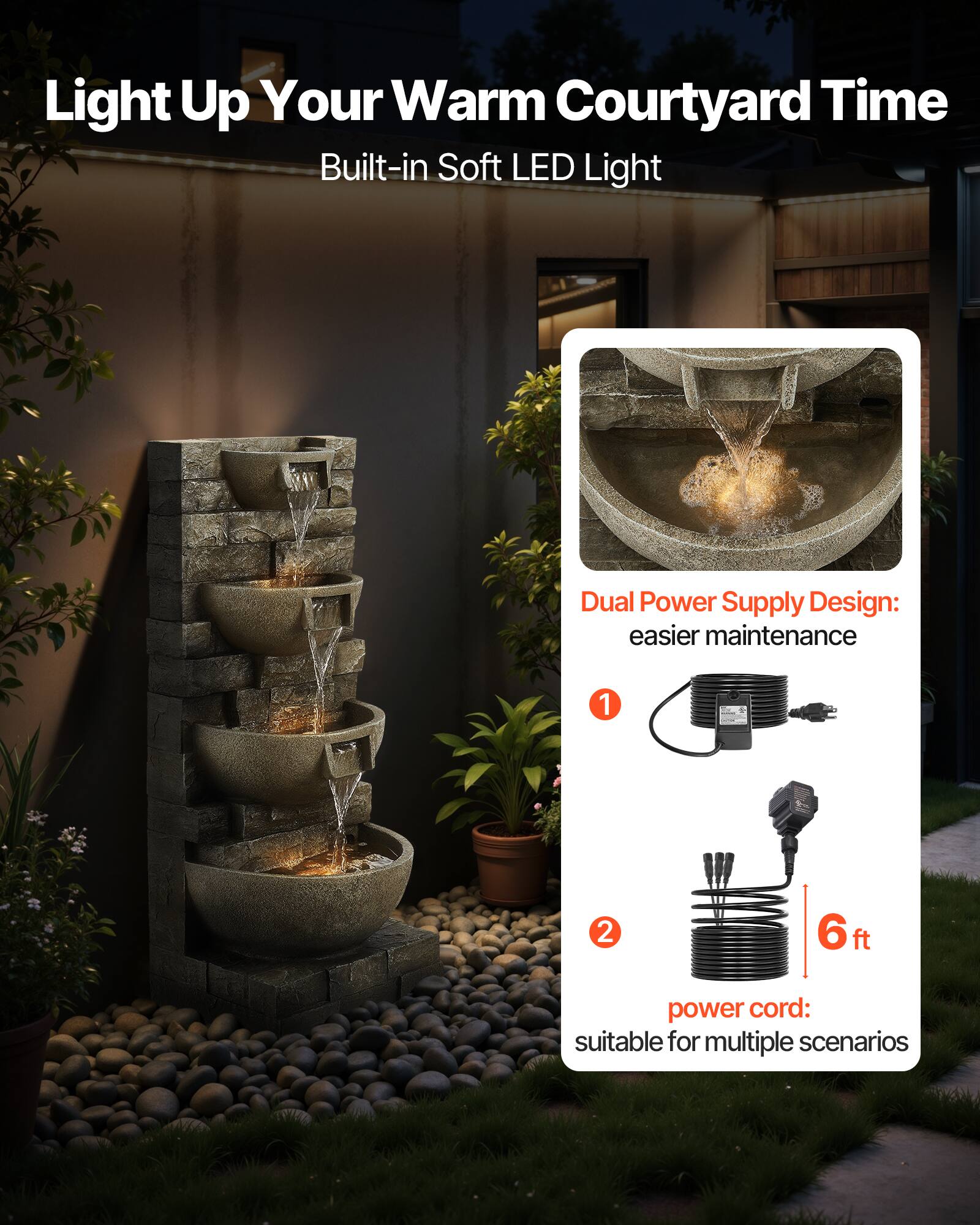 Light Up Your Warm Courtyard Time  
Built-in Soft LED Light  

Dual Power Supply Design: easier maintenance  

1. Power cord: suitable for multiple scenarios  
   6 ft