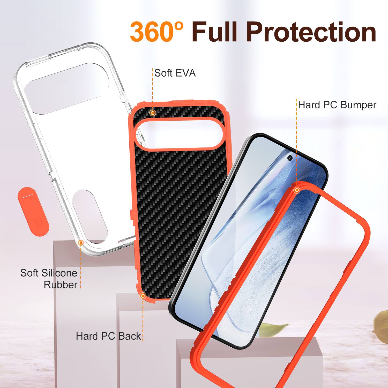 360° Full Protection

- Soft EVA
- Hard PC Bumper
- Soft Silicone Rubber
- Hard PC Back