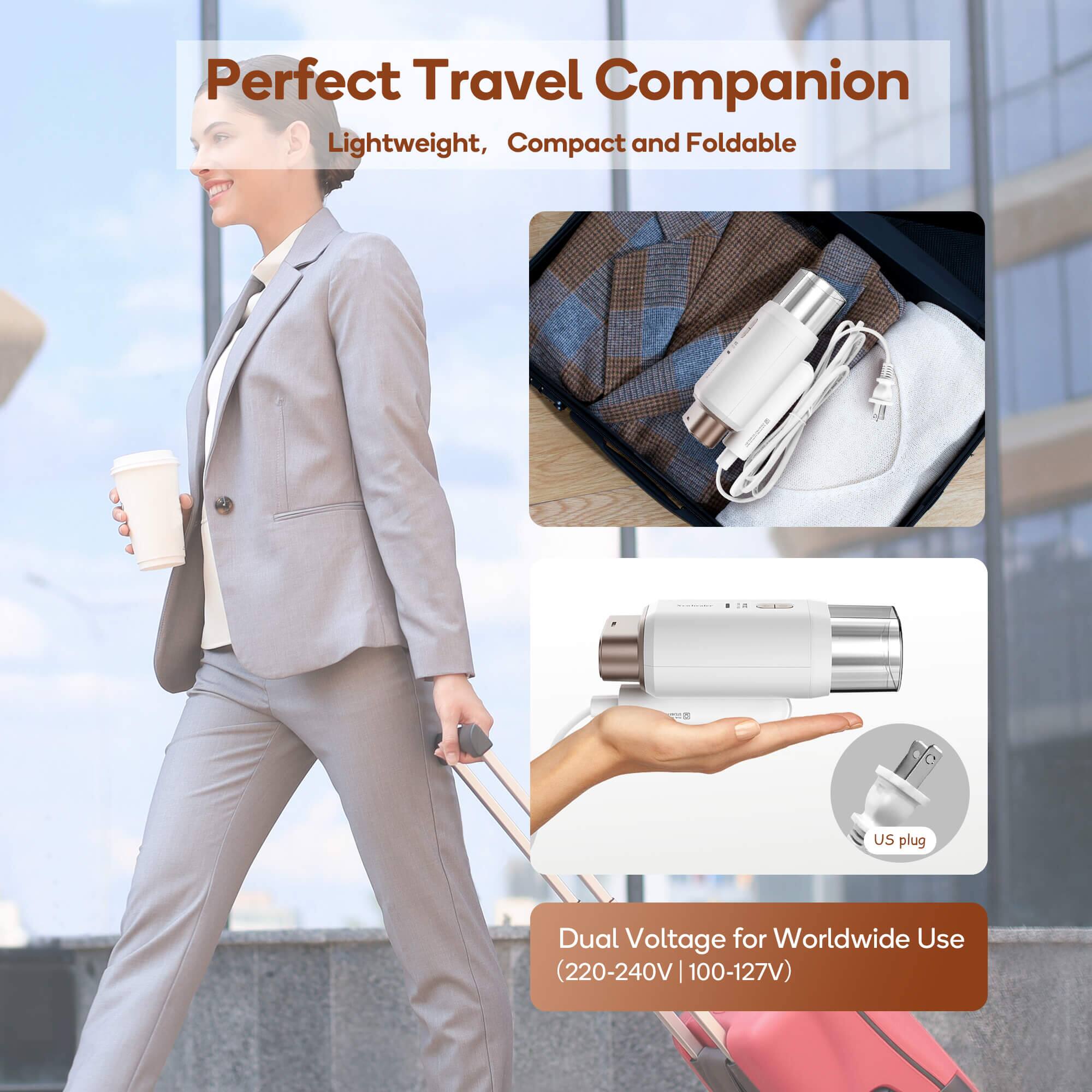Perfect Travel Companion  
Lightweight, Compact and Foldable  

US plug  
Dual Voltage for Worldwide Use (220-240V | 100-127V)