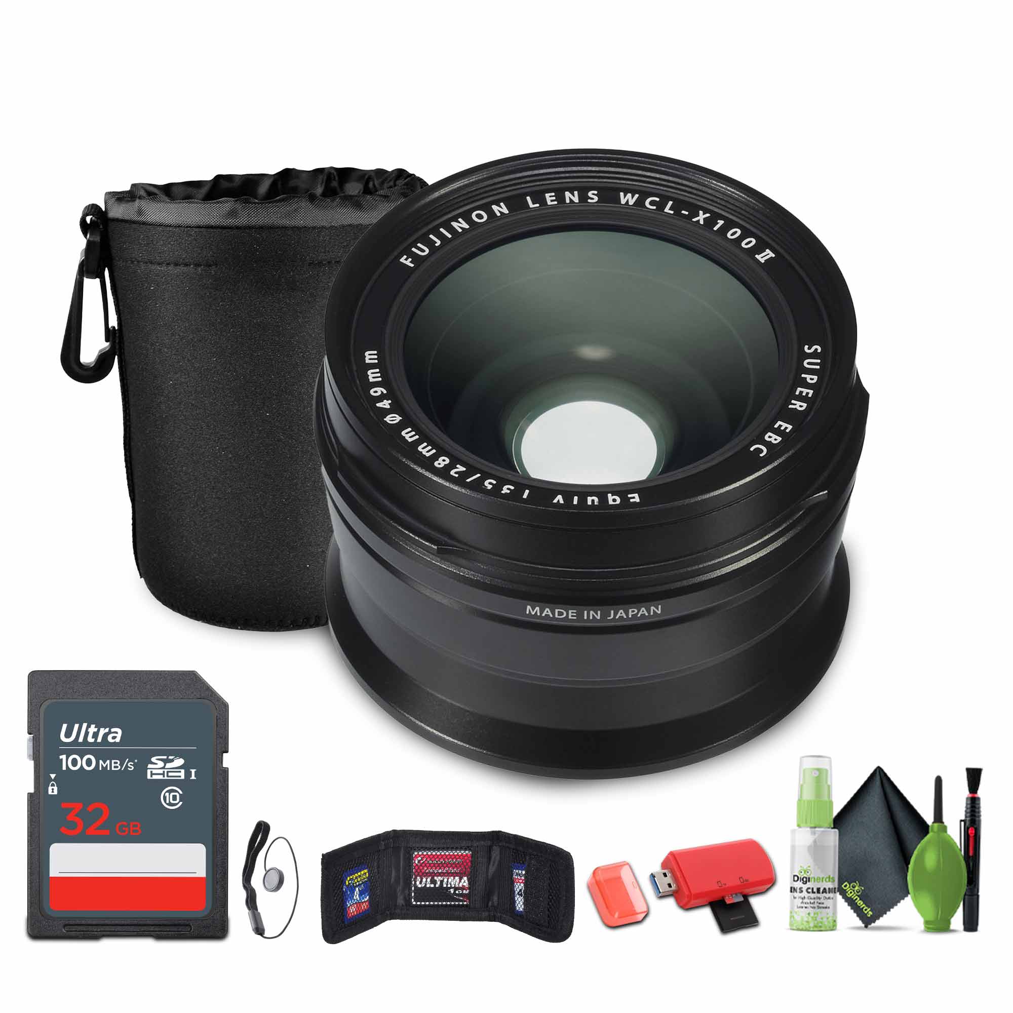 LENS WCL-X100  
FUJINON  
49mm  
SUPER EBC  
MADE IN JAPAN  

Ultra  
100 MB/s  
32 GB  

Diginerds  
DIGITAL CLEANER  
DIGITAL CLEANER  
ULTIMA  

CLEAR  
SCHAPU