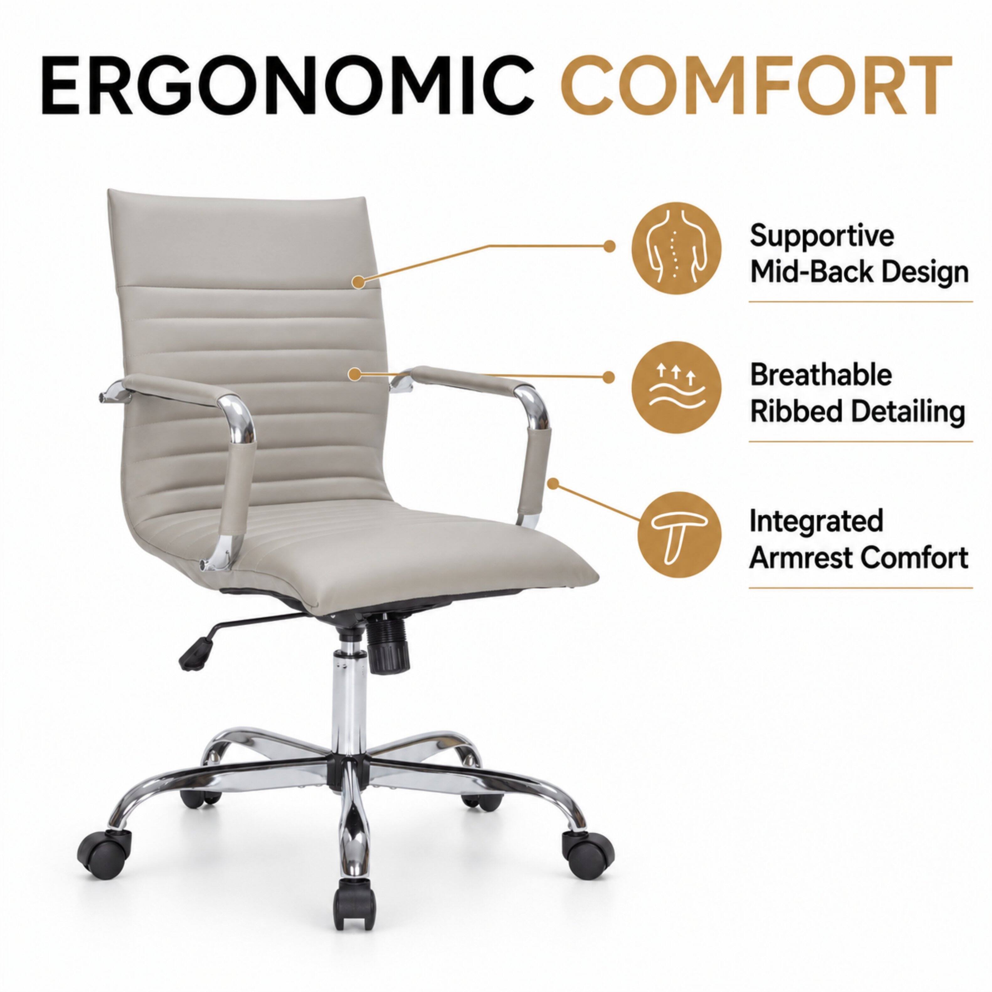 ERGONOMIC COMFORT

- Supportive Mid-Back Design
- Breathable Ribbed Detailing
- Integrated Armrest Comfort