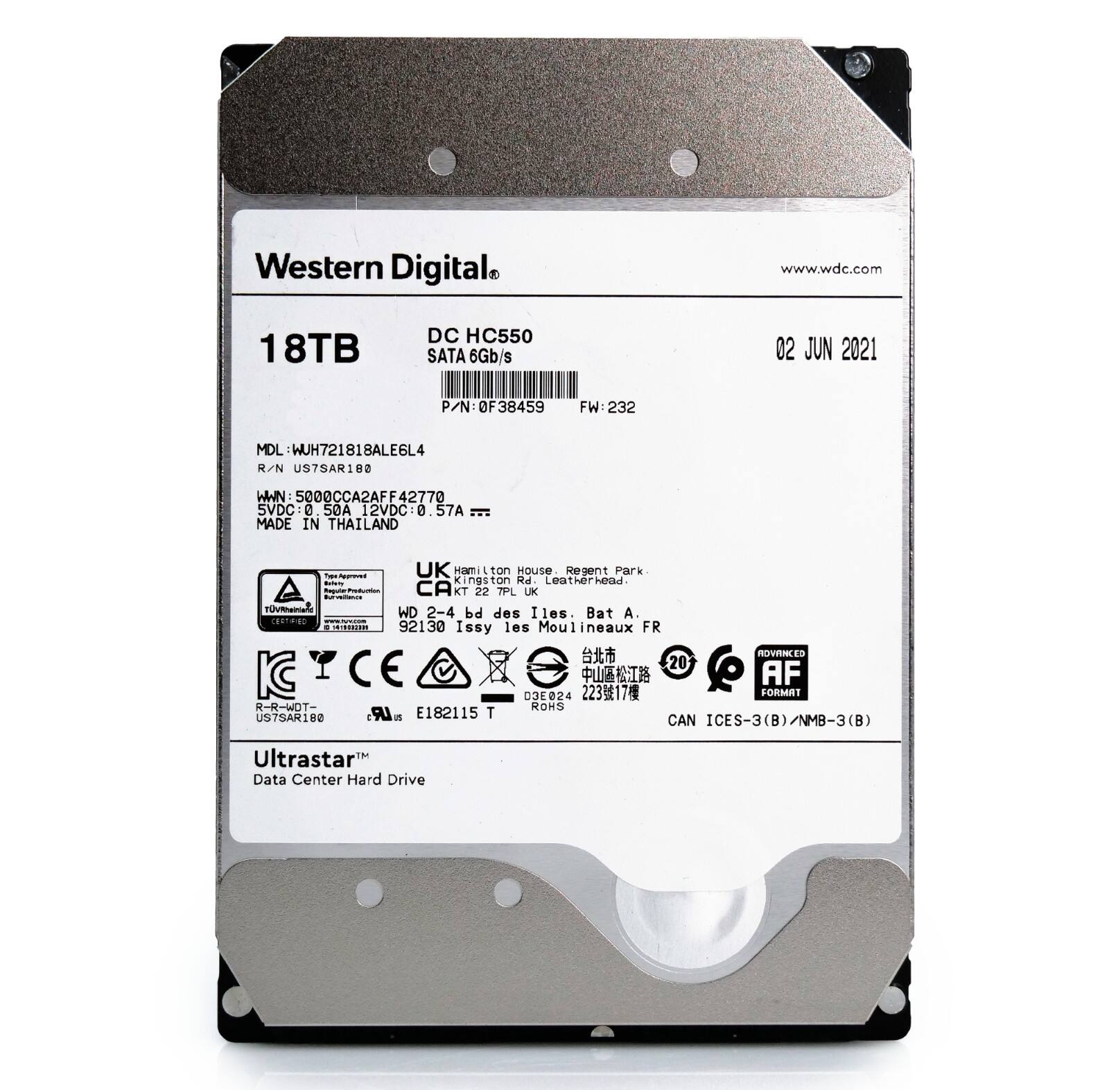 Western Digital  
www.wdc.com  

18TB DC HC550 SATA6Gb/s  
02 JUN 2021  

P/N: 0F38459  
FW: 232  
MDL: WUH721818ALE6L4  
R/N: US75AR180  
WWN: 500@CCA2AFF42770  
SVDC: 0  
S0A: 12VDC: 0.57A 57A  
MADE IN THAILAND  

UK: Hamilton House, Regent Park, Kineston, FH Leatherhead, KT 22 MPL UK  
CA: 2-4 bd des Iles, Bat A, 92130 Issy les Moulineaux, FR  

CE, ICES-3(B), NMB-3(B)  
Ultrastar™ Data Center Hard Drive  

AF FORMAT  
ROHS  
E182115 T