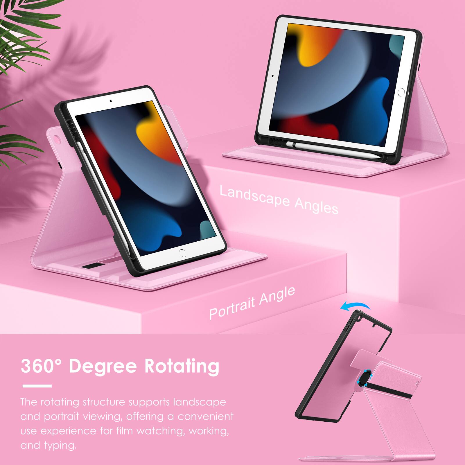 Landscape Angles  
Portrait Angle  
360 Degree Rotating  

The rotating structure supports landscape and portrait viewing, offering a convenient use experience for film watching, working, and typing.