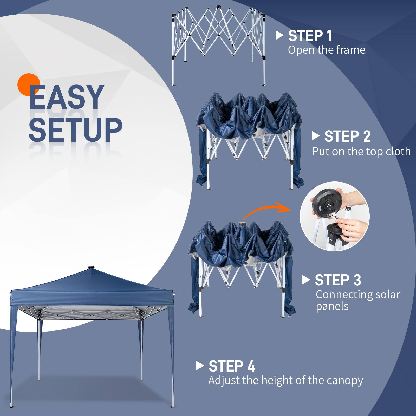 EASY SETUP

STEP 1  
Open the frame

STEP 2  
Put on the top cloth

STEP 3  
Connecting solar panels

STEP 4  
Adjust the height of the canopy