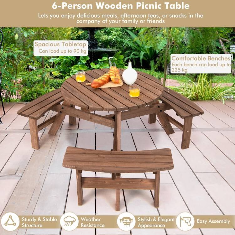 6-Person Wooden Picnic Table  
Lets you enjoy delicious meals, afternoon teas, or snacks in the company of your family or friends  

- Spacious Tabletop  
  Can load up to 90 kg  

- Comfortable Benches  
  Each bench can load up to 225 kg  

- Sturdy & Stable Structure  

- Weather Resistance  

- Stylish & Elegant Appearance  

- Easy Assembly