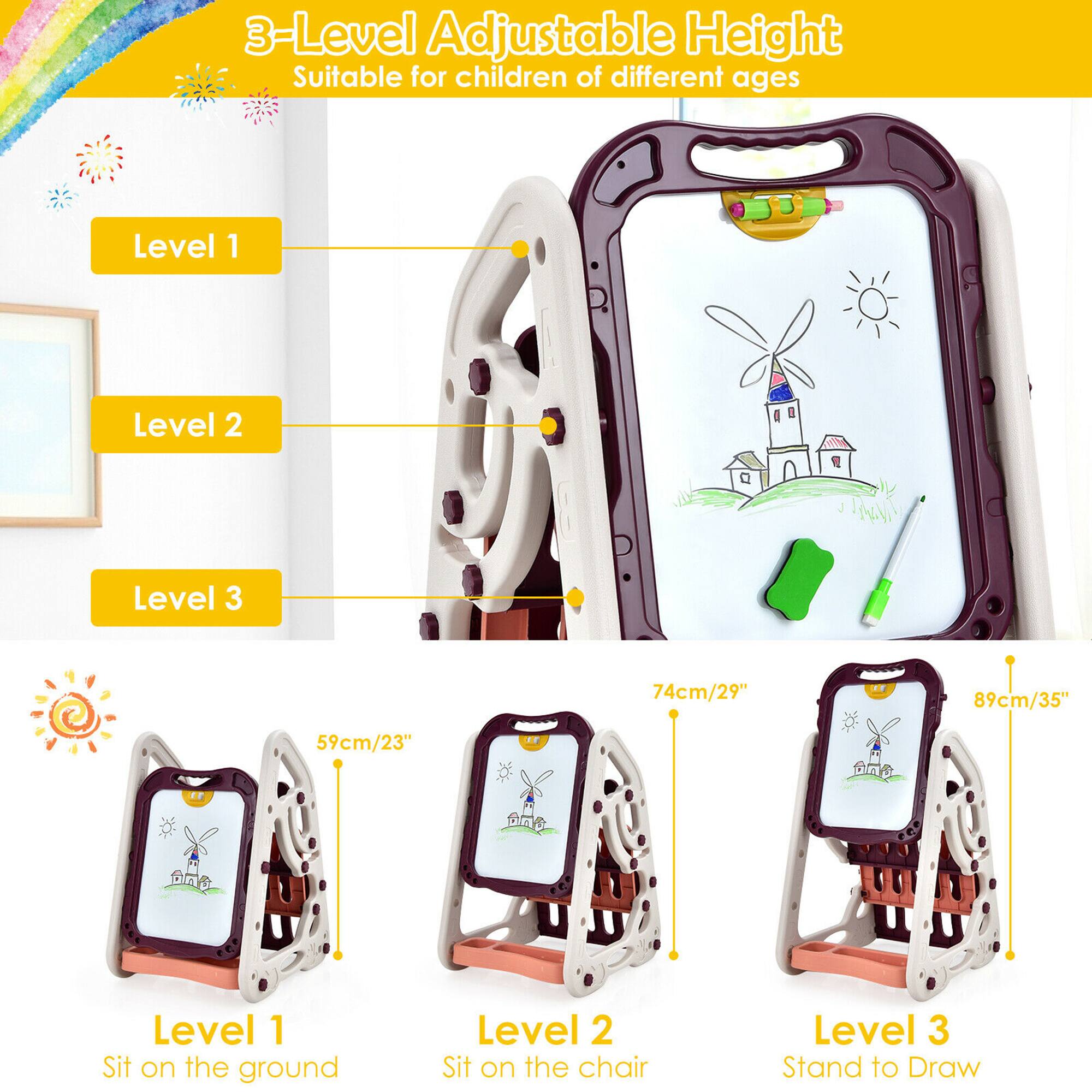 3-Level Adjustable Height  
Suitable for children of different ages  

Level 1: 59cm/23"  
Sit on the ground  

Level 2: 74cm/29"  
Sit on the chair  

Level 3: 89cm/35"  
Stand to Draw