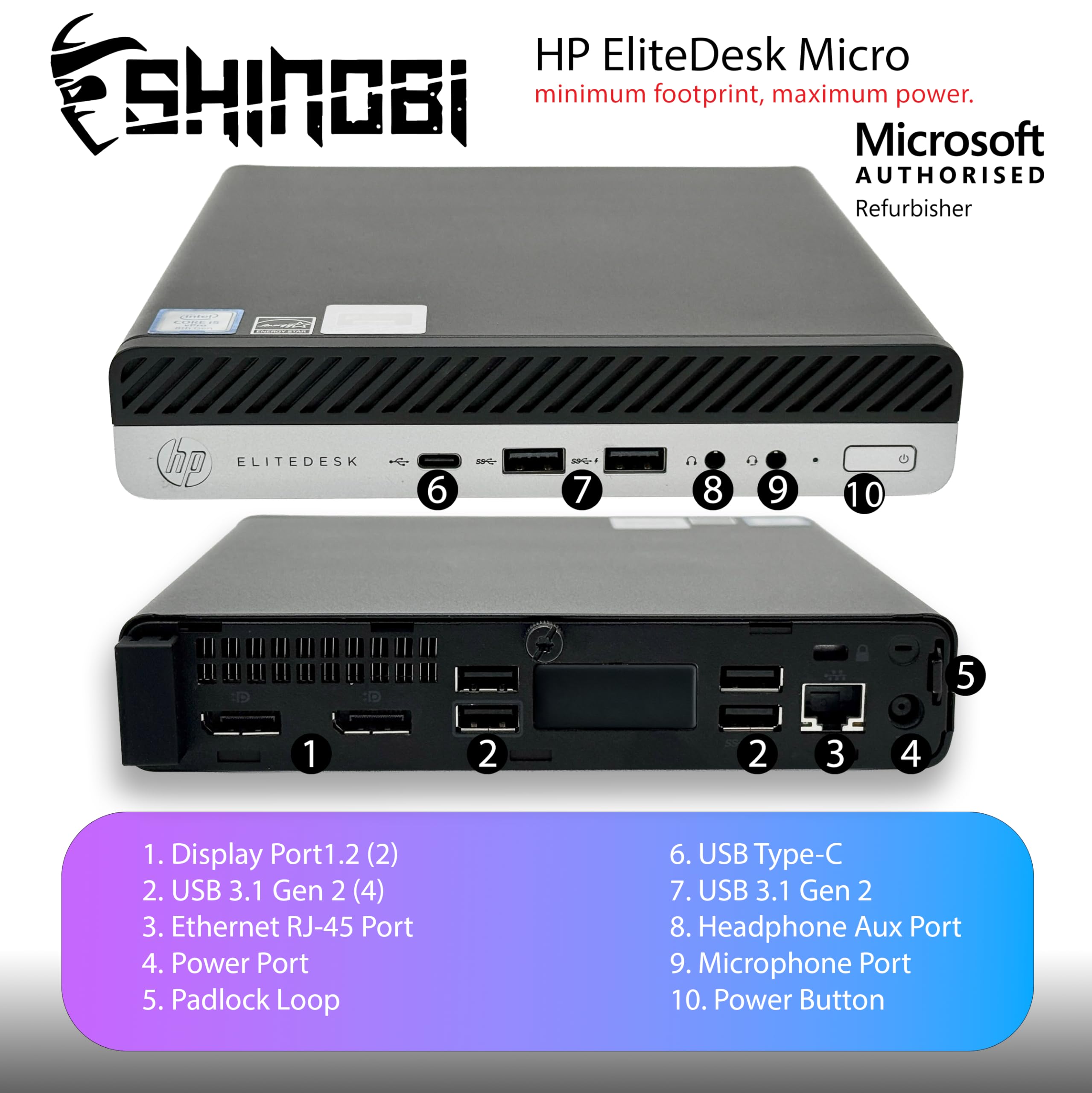 HP EliteDesk Micro SHINOBI  
minimum footprint, maximum power.  
Microsoft AUTHORISED Refurbisher  

1. Display Port1.2 (2)  
2. USB 3.1 Gen 2 (4)  
3. Ethernet RJ-45 Port  
4. Power Port  
5. Padlock Loop  
6. USB Type-C  
7. USB 3.1 Gen 2  
8. Headphone Aux Port  
9. Microphone Port  
10. Power Button