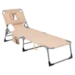 Gymax - Portable Beach Chaise Lounge Chair Folding Reclining Chair w/ Facing Hole - Beige