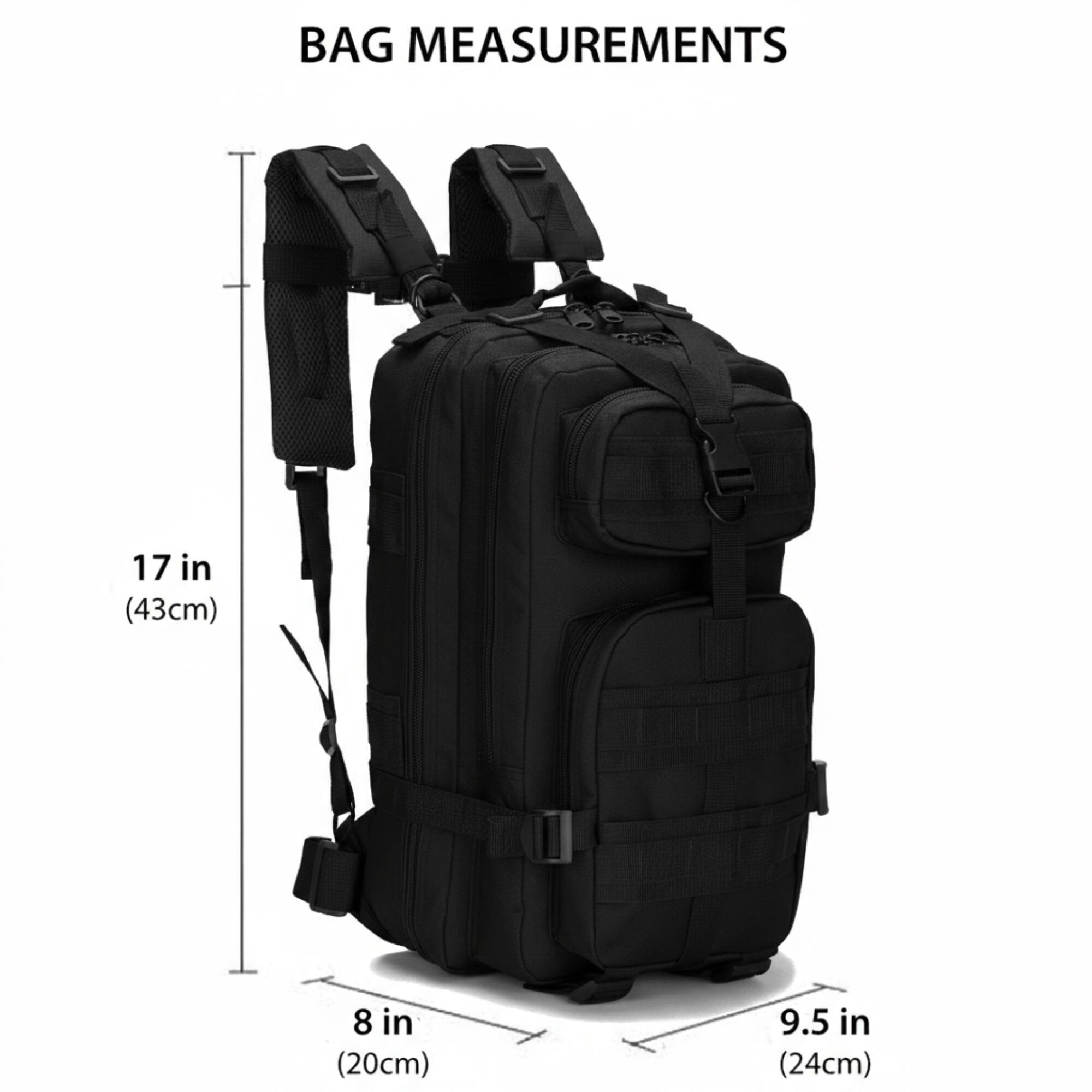 BAG MEASUREMENTS

17 in (43cm)  
8 in (20cm)  
9.5 in (24cm)