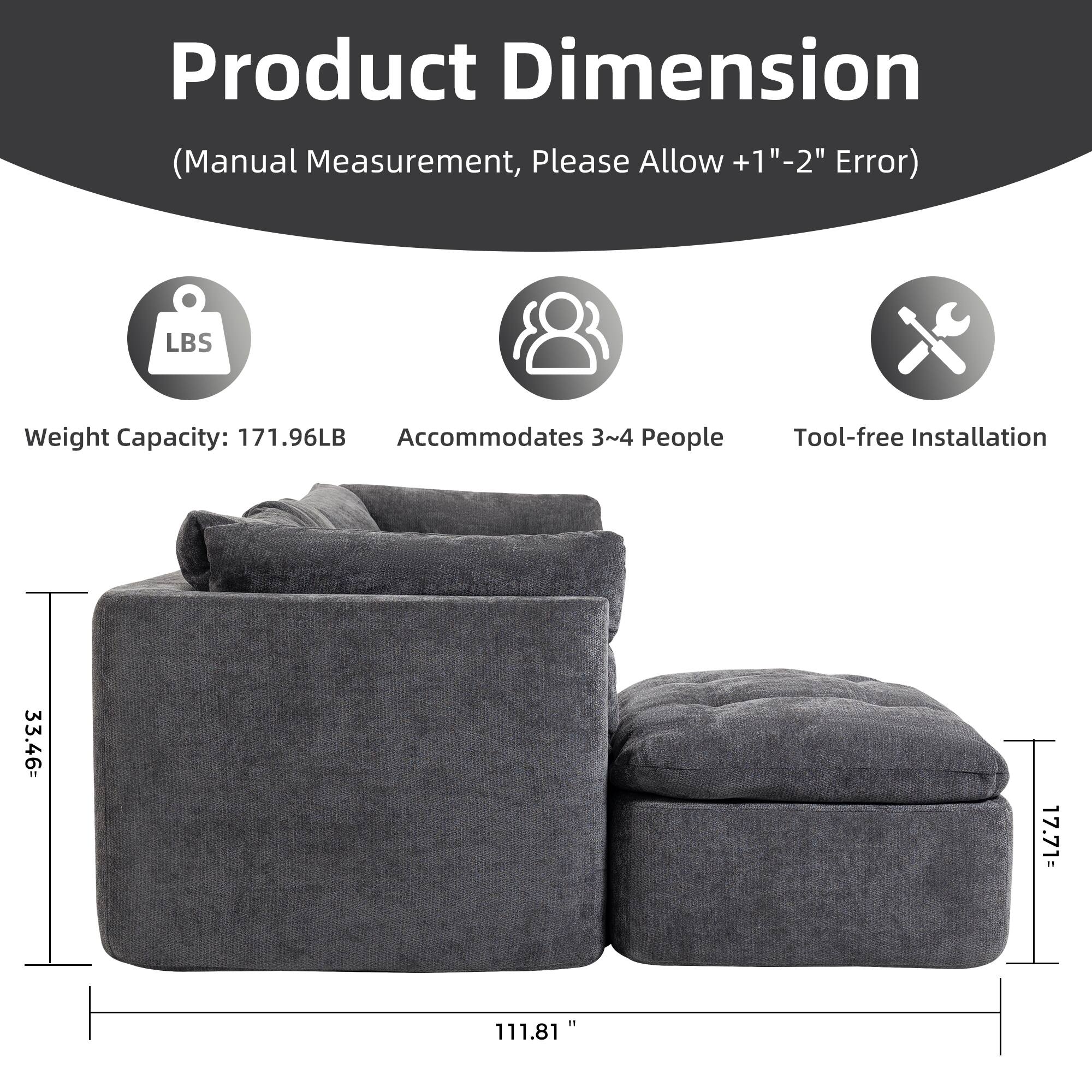 Product Dimension  
(Manual Measurement, Please Allow +1" - 2" Error)  

Weight Capacity: 171.96LB  
Accommodates 3~4 People  
Tool-free Installation  

33.46"  
17.71"  
111.81"