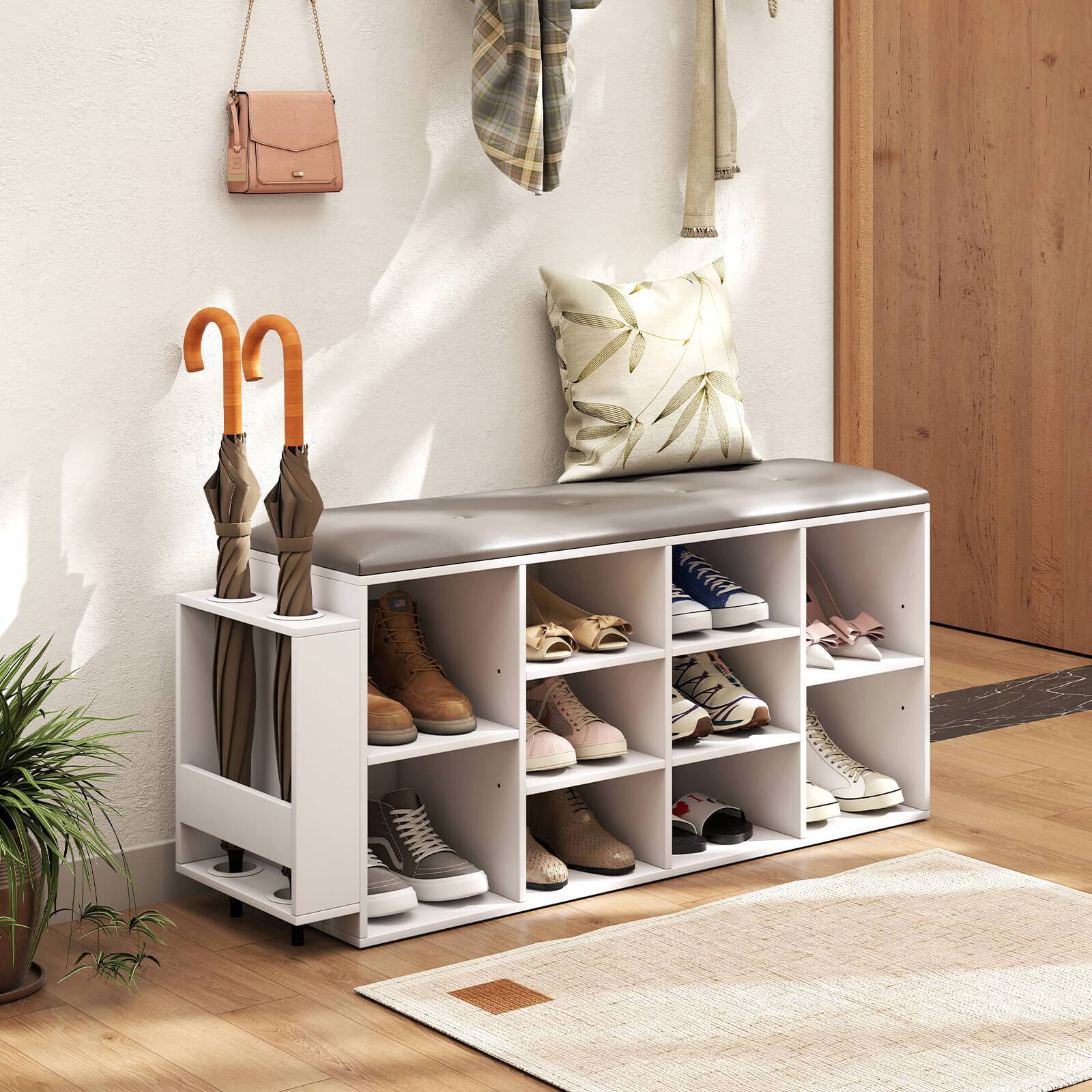 Alt View 1. Costway - Costway Wooden Shoe Bench 10-Cube Storage Organizer with Padded Cushion & Umbrella Holder White - Gray,White.
