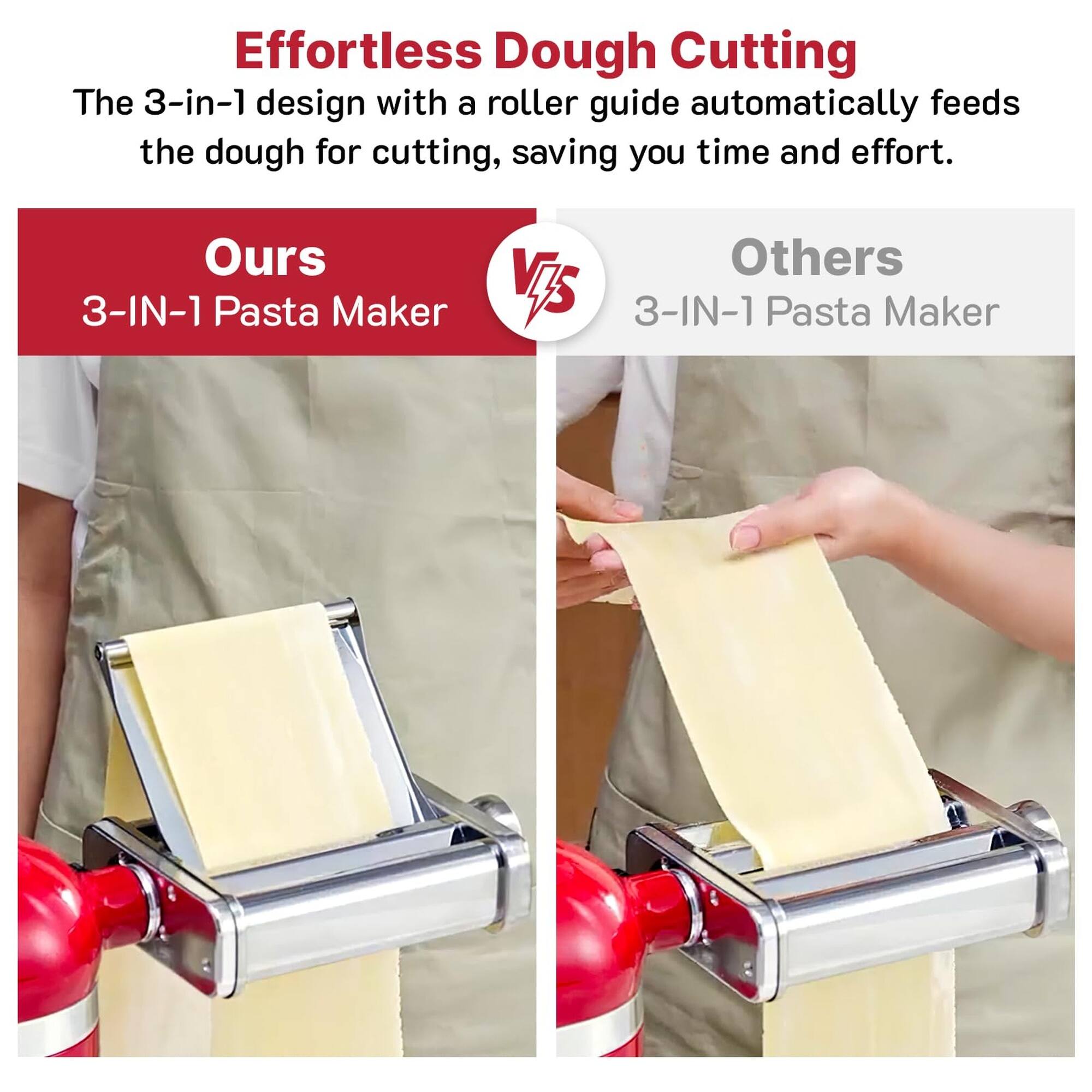 Effortless Dough Cutting

The 3-in-1 design with a roller guide automatically feeds the dough for cutting, saving you time and effort.

Ours
3-IN-1 Pasta Maker

Others
3-IN-1 Pasta Maker