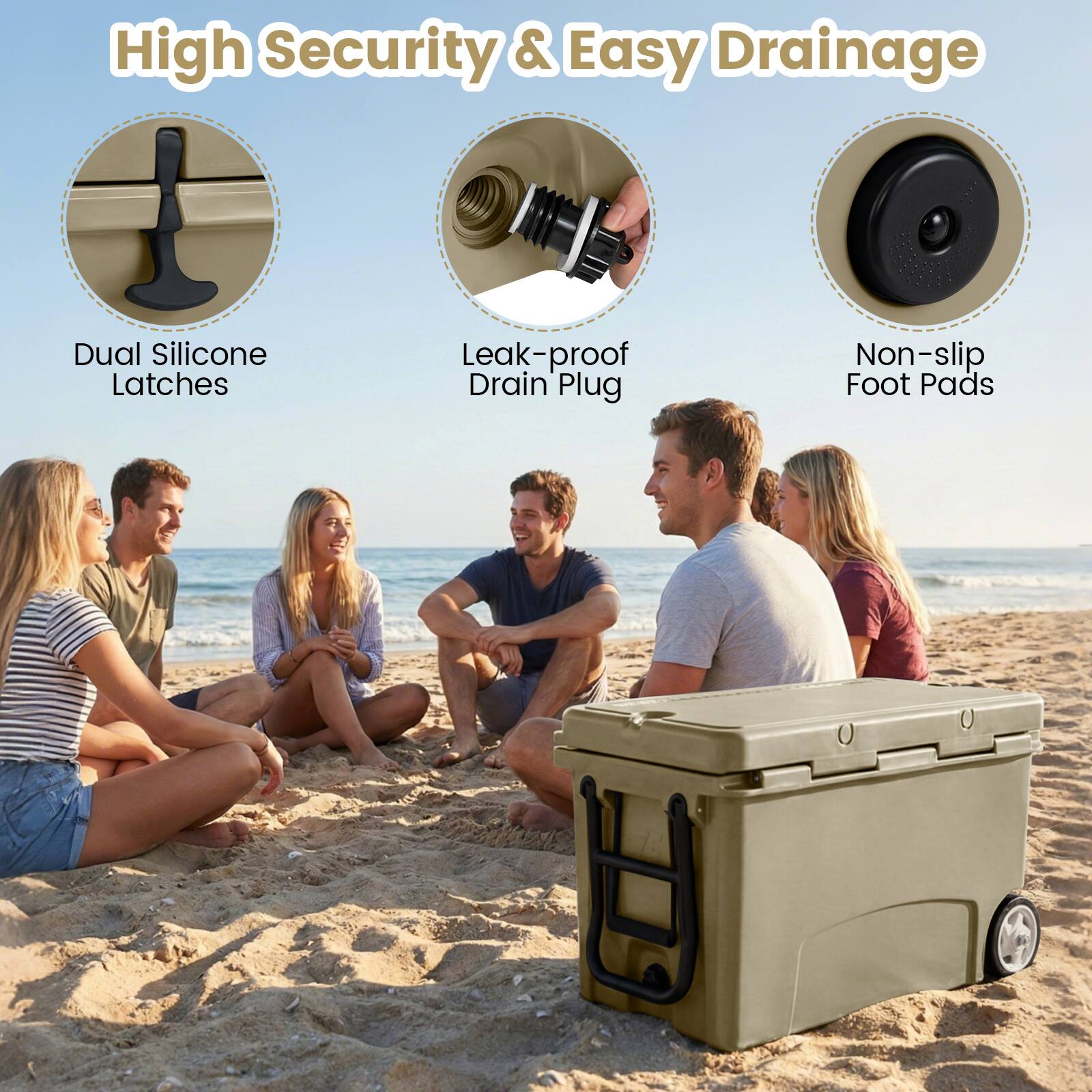 High Security & Easy Drainage  
Dual Silicone Latches  
Leak-proof Drain Plug  
Non-slip Foot Pads