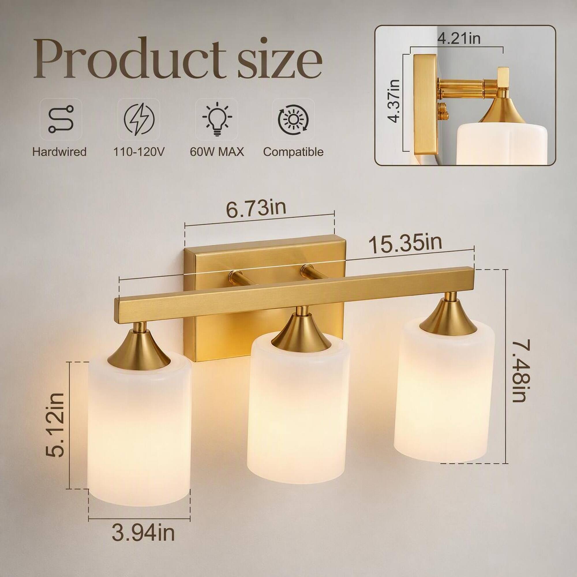 Product size S  
Hardwired  
110-120V  
60W MAX  
Compatible  

4.37in  
4.21in  
5.12in  
3.94in  
6.73in  
15.35in  
7.48in