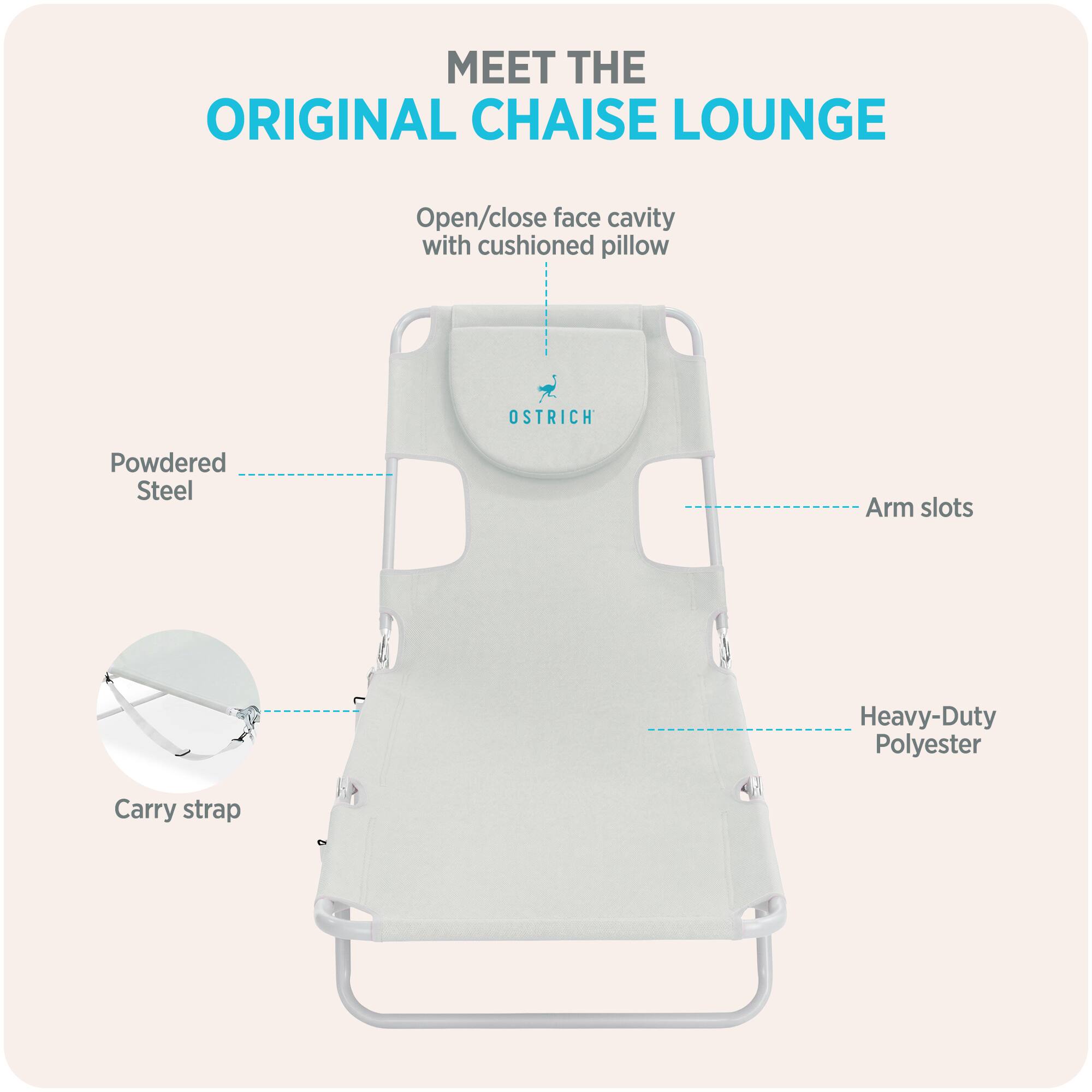 MEET THE ORIGINAL CHAISE LOUNGE

- Open/close face cavity with cushioned pillow
- Powdered Steel
- Arm slots
- Heavy-Duty Polyester
- Carry strap