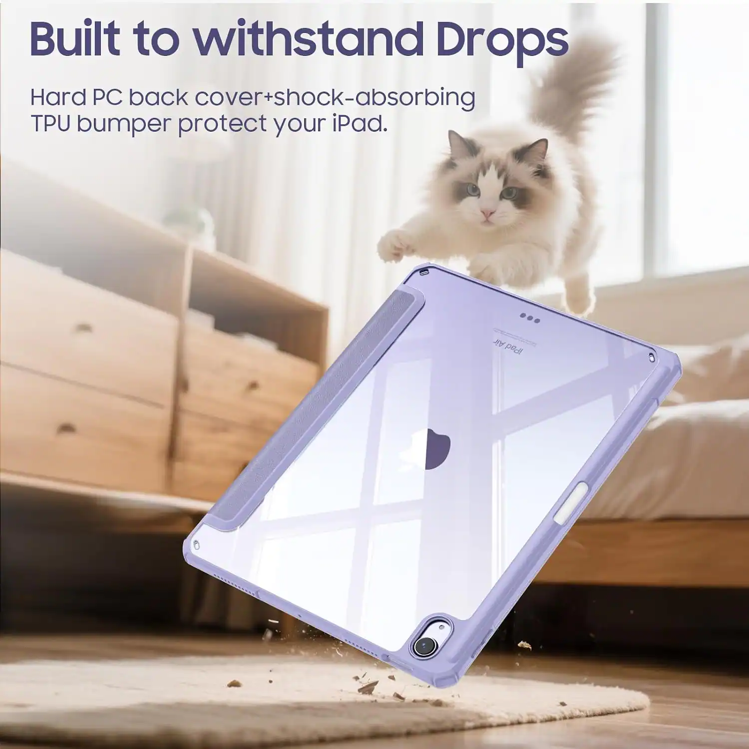 Built to withstand Drops

Hard PC back cover+shock-absorbing TPU bumper protect your iPad.