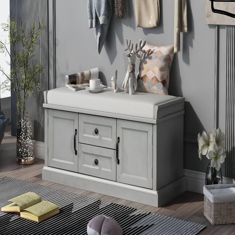Left. Ropilly - Ropilly Gray Wash Storage Bench with Cushion, Entryway Shoe Bench with Drawers and Cabinets, Wooden Mudroom Seating - Gray Wash.