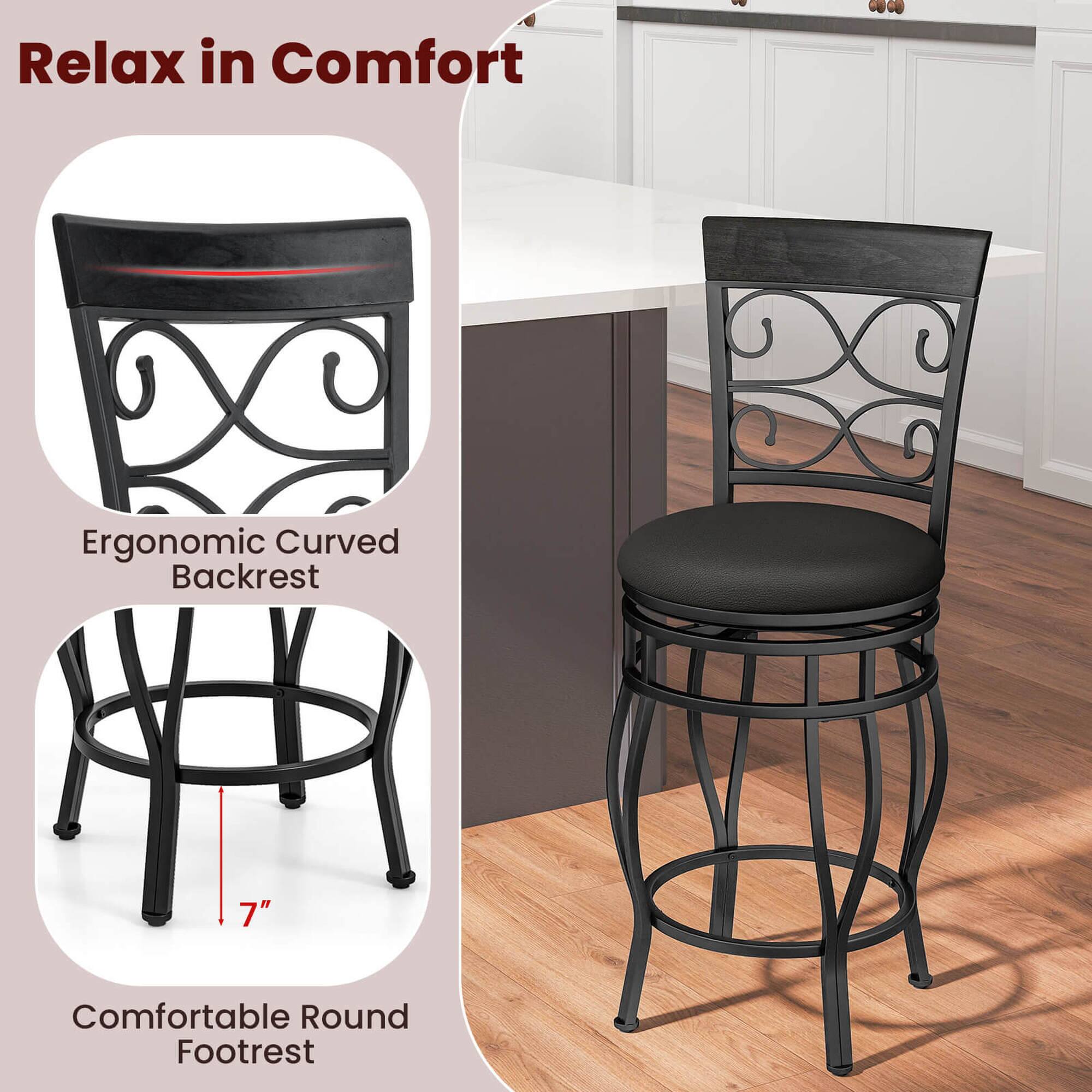 The text on the image reads: "Relax in Comfort Ergonomic Curved Backrest 7" Comfortable Round Footrest."