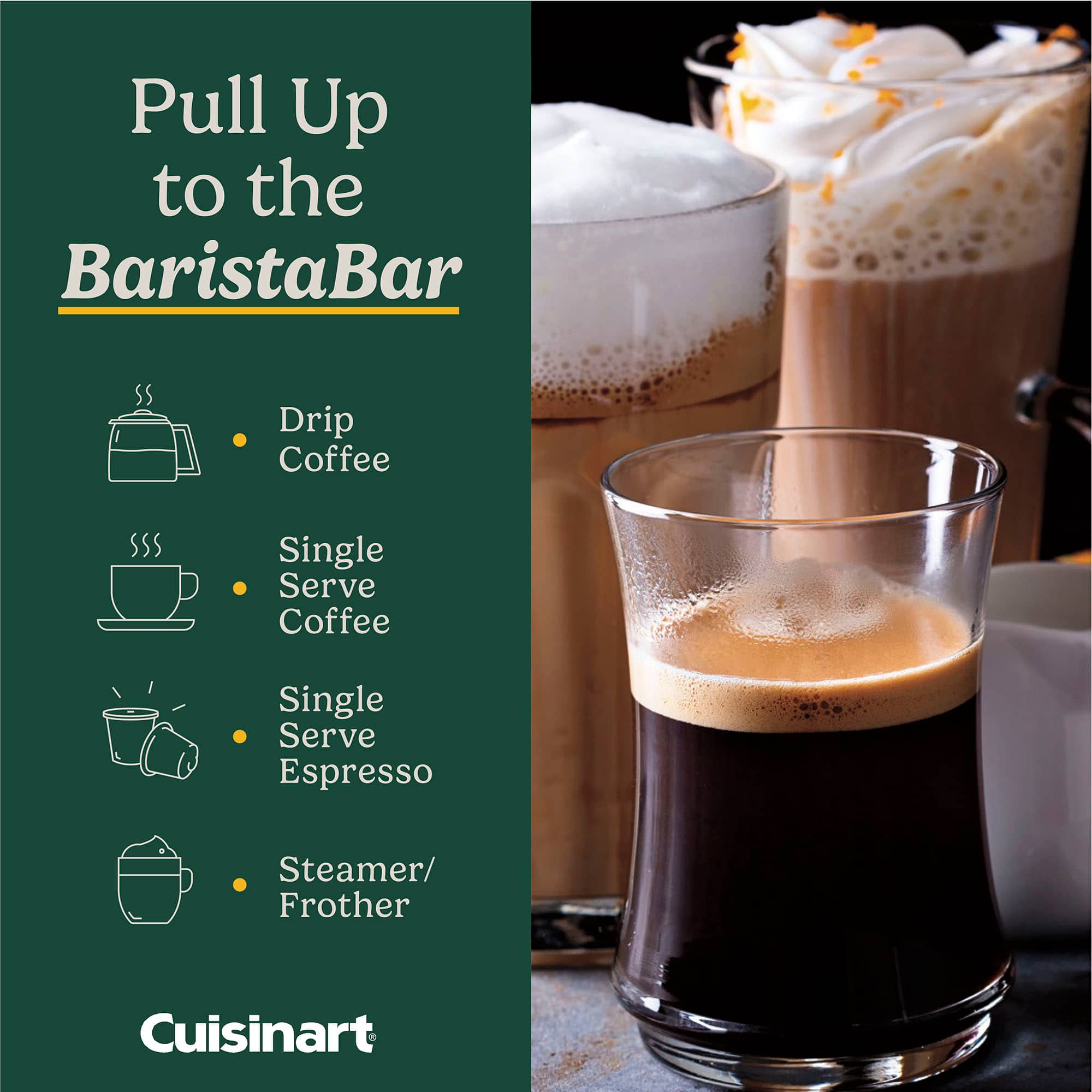 Pull Up to the BaristaBar: Drip Coffee, Single Serve Coffee, Single Serve Espresso, Steamer/Frother, Cuisinart