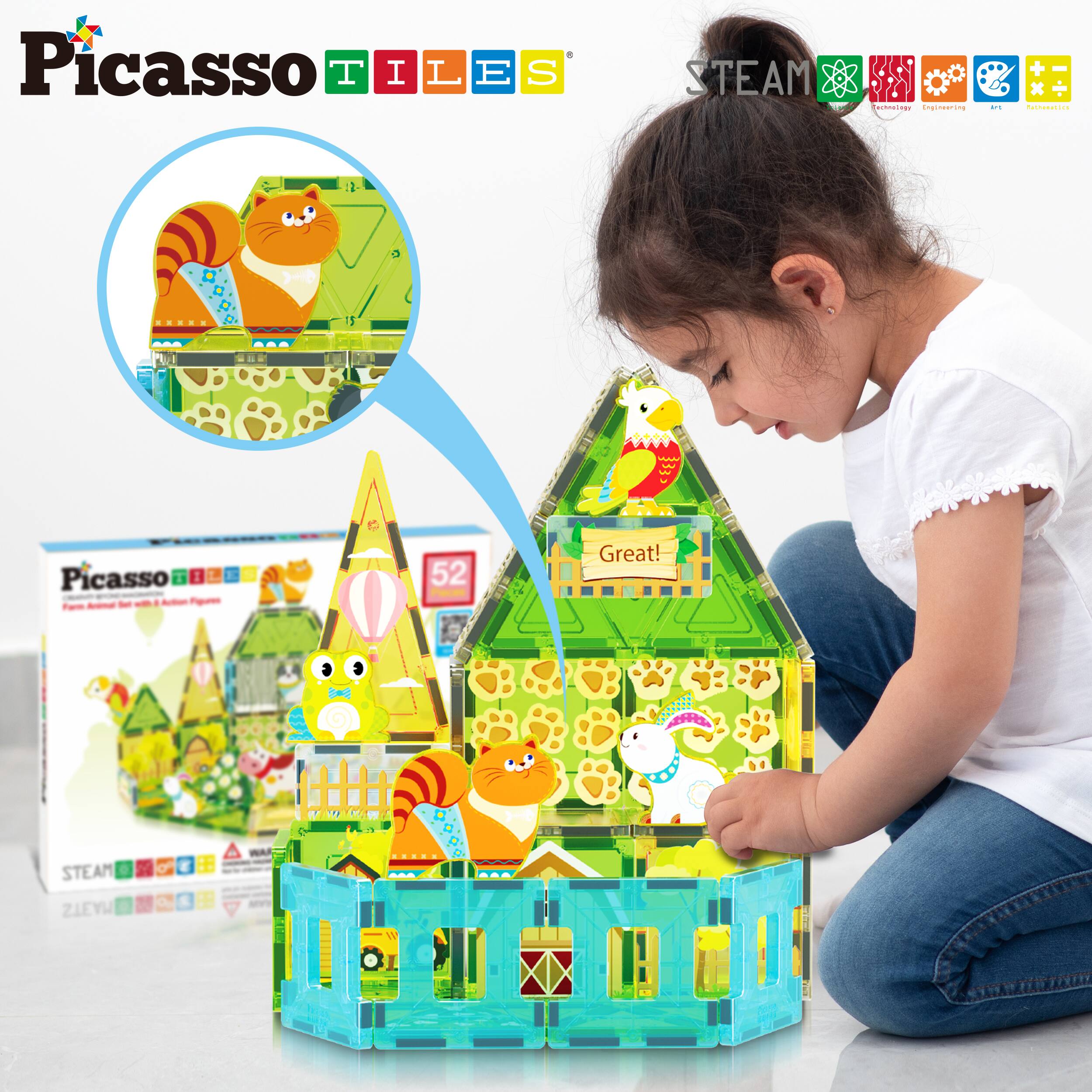Picasso Tiles

STEAM
- Science
- Technology
- Engineering
- Art
- Mathematics

Great!

Picasso Tiles
52 Piece Animal Set with Activity Cards

STEAM