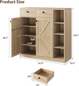 Homhougo - Shoe Storage Cabinet, Doors & Drawers, 42" Tall, 3 Adjustable Shelves - Natural