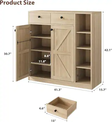 Product Size
- Height: 30.7"
- Width: 42.1"
- Depth: 15.7"
- Shelf Height: 8.8"
- Shelf Depth: 11.8"
- Drawer Height: 4.6"
- Drawer Width: 15"
- Shelf Width: 8.3"
- Overall Depth: 41.3"