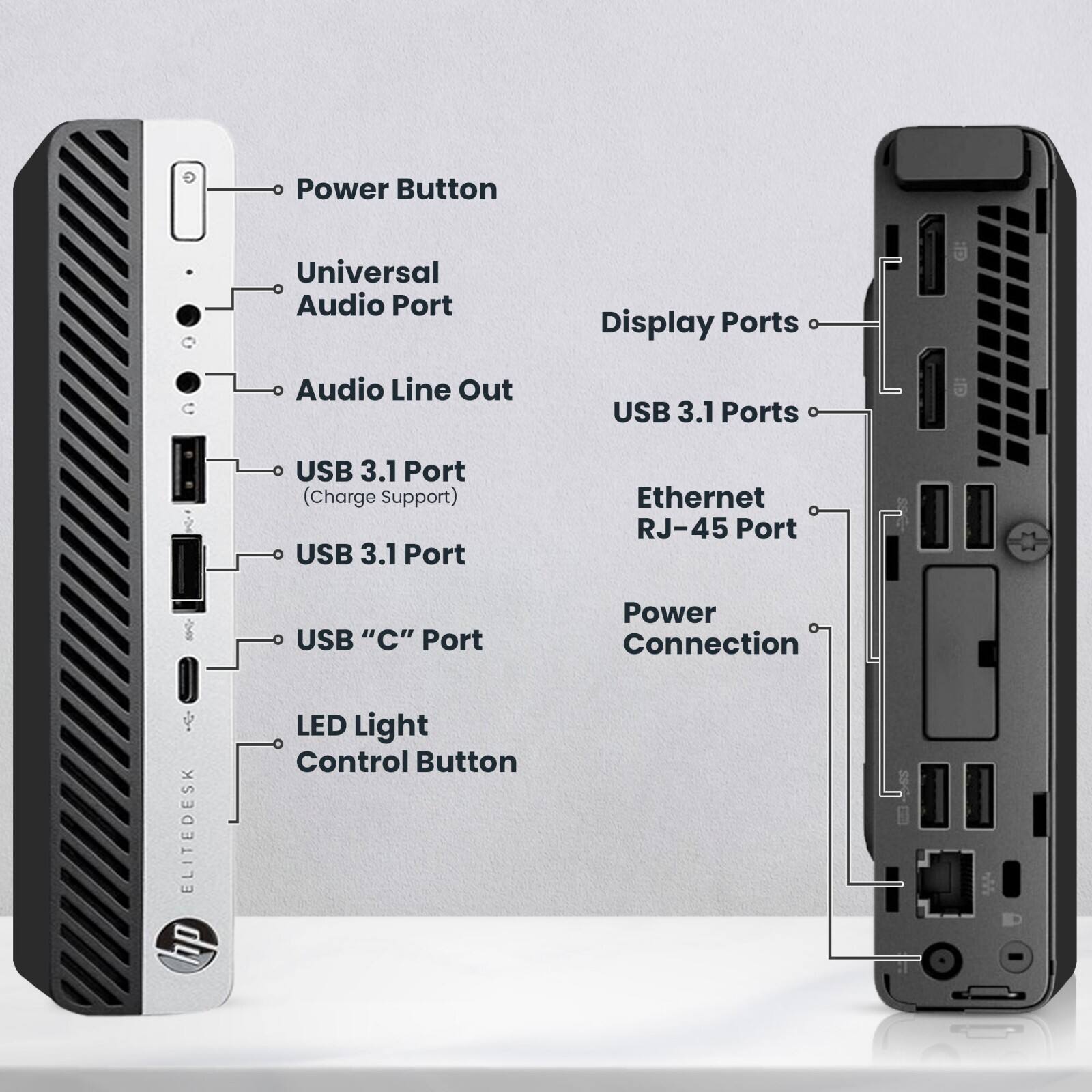 Power Button  
Universal Audio Port  
Audio Line Out  
USB 3.1 Port (Charge Support)  
USB 3.1 Port  
USB "C" Port  
LED Light Control Button  

Display Ports  
USB 3.1 Ports  
Ethernet RJ-45 Port  
Power Connection