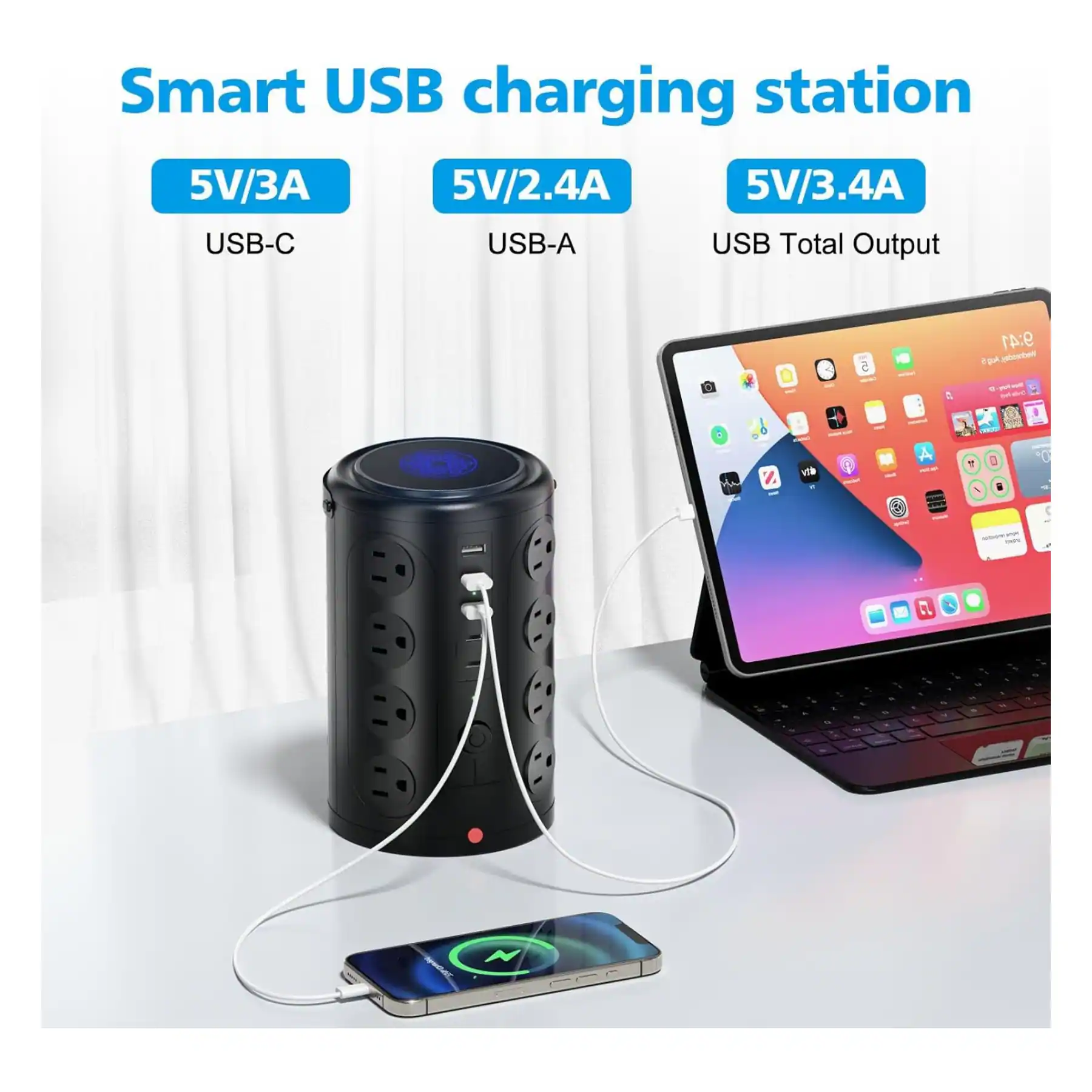 Smart USB charging station  
5V/3A USB-C  
5V/2.4A USB-A  
5V/3.4A USB Total Output