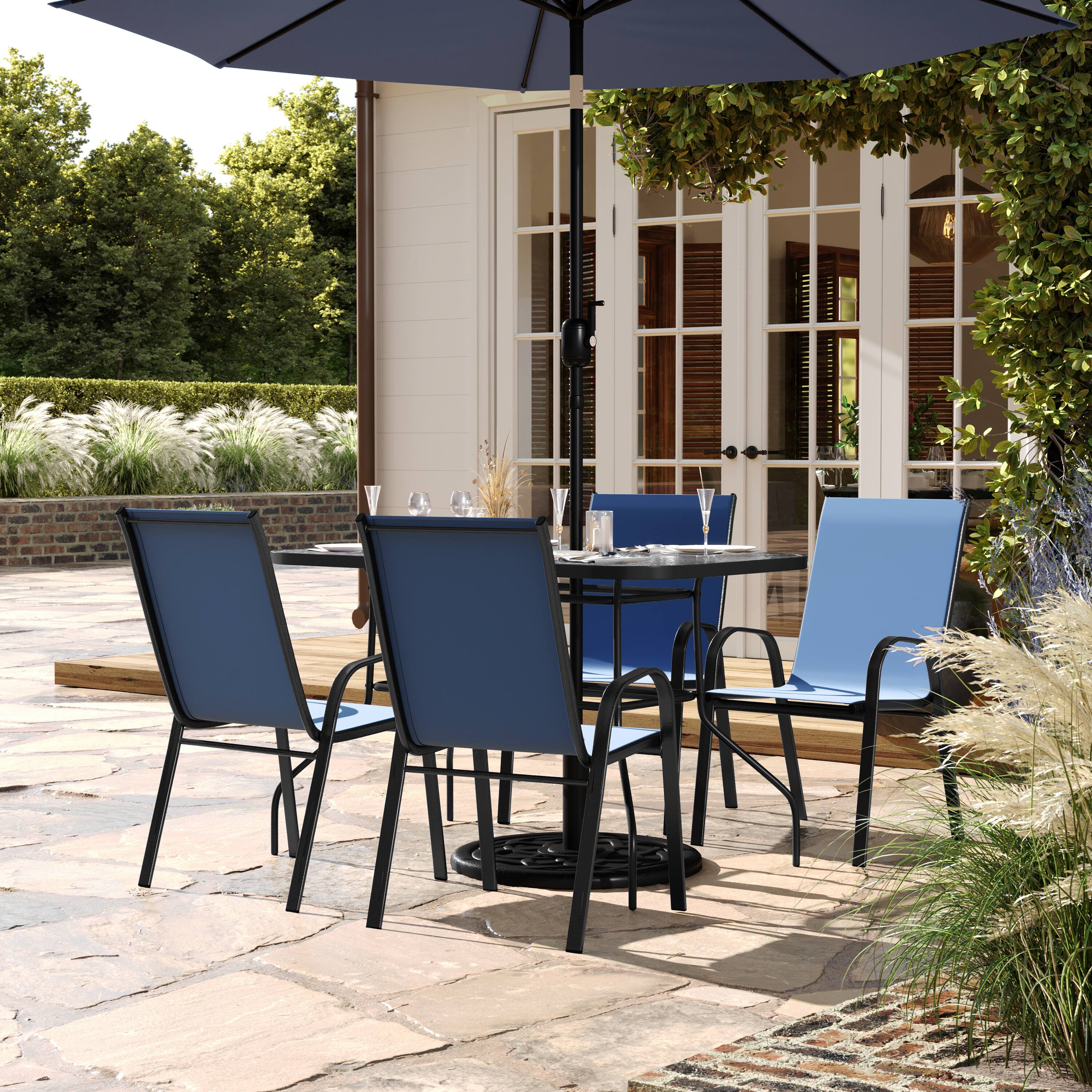 Alt View 1. Flash Furniture - Brazos 5 Piece Commercial Grade Patio Dining Set with Tempered Glass Patio Table with 4 Chairs with Navy Flex Comfort Ma - Blue.