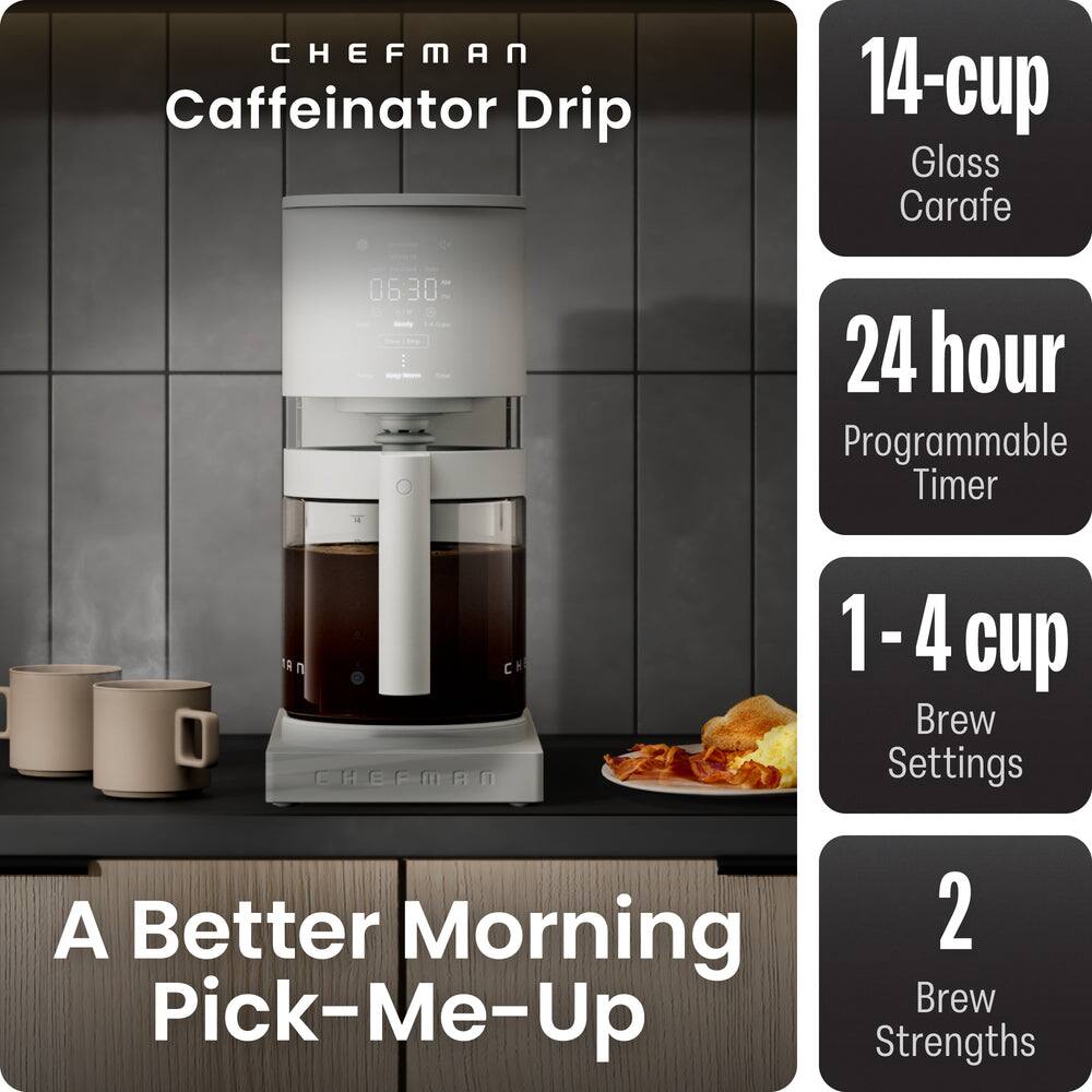 CHEFMAN Caffeinator Drip 14-cup Glass Carafe 0630 24 hour Programmable Timer 1-4 cup Brew Settings 2 Brew Strengths A Better Morning Pick-Me-Up