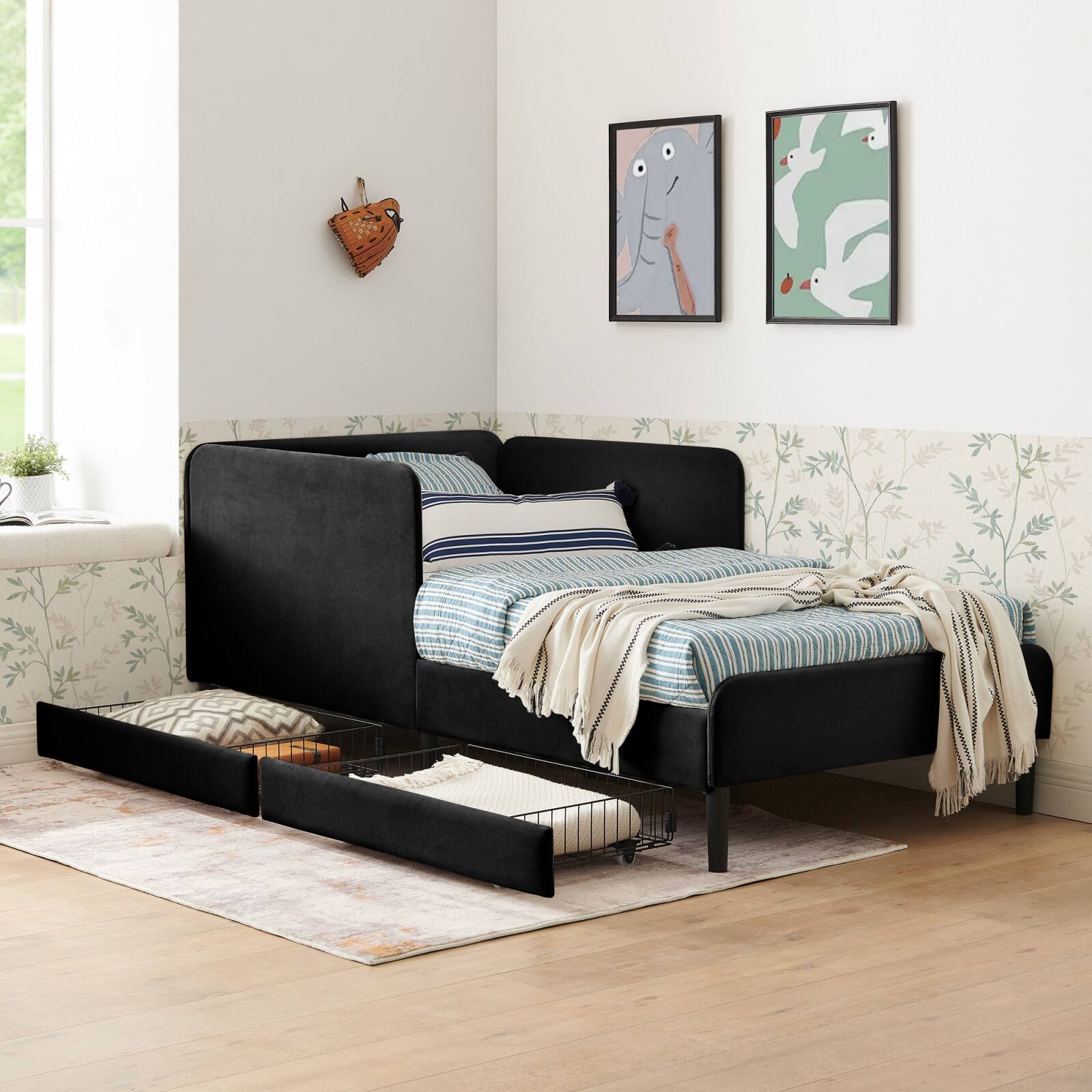 Alt View 4. Ecooso - Twin Size Upholstered Platform Bed Frame with 2 Storage Drawers, Adjustable Velvet Sofa Bed - Black.