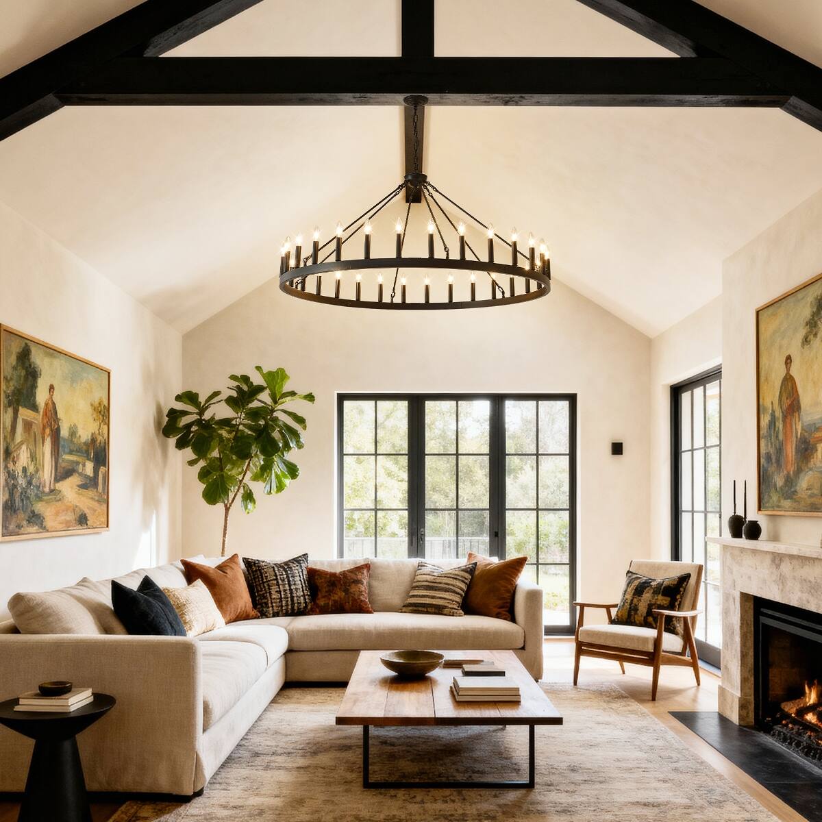 Back. Loheer - Loheer Matte Black Wagon Wheel Chandelier, Thirty Light E12 Farmhouse Ceiling Fixture for Large Rooms.