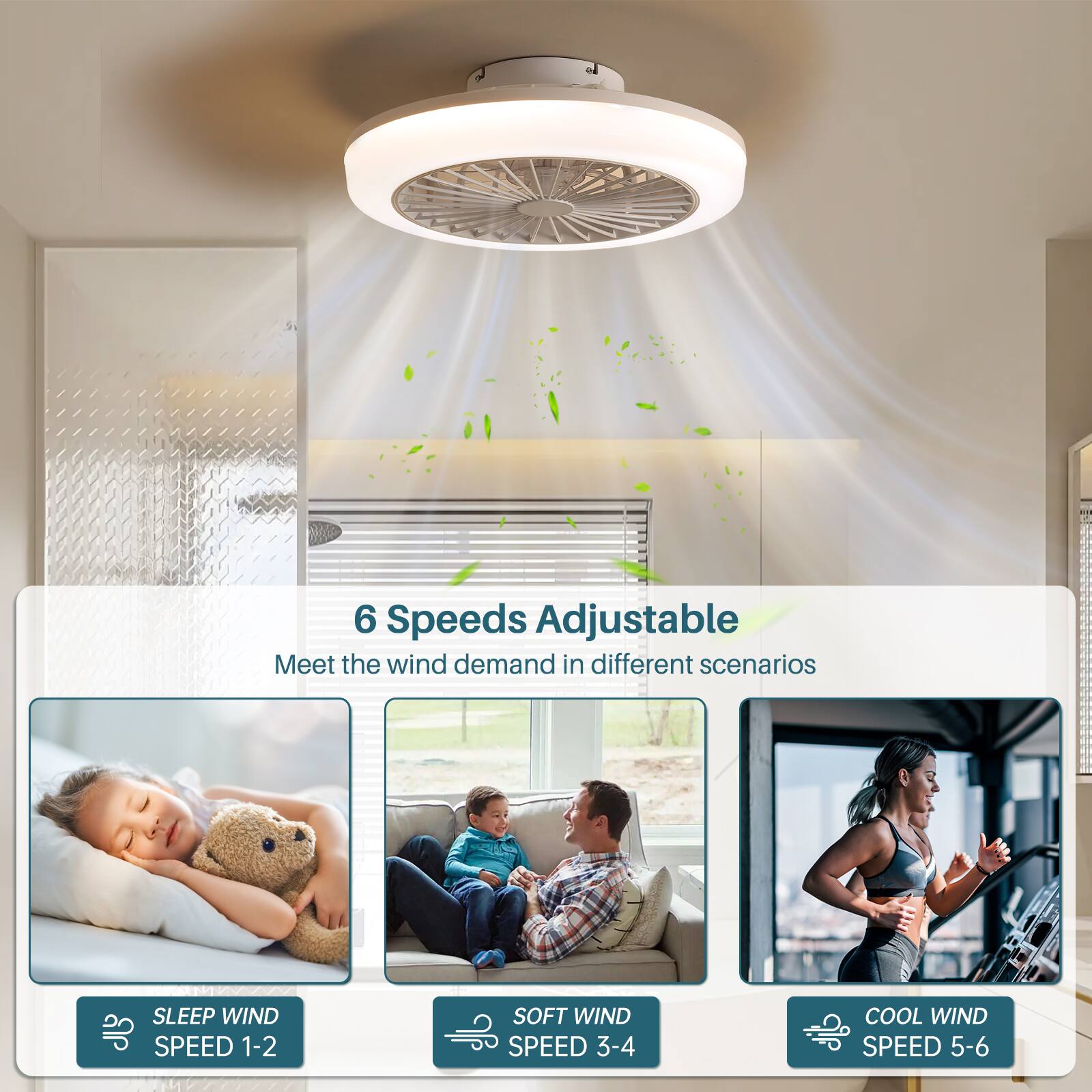 6 Speeds Adjustable  
Meet the wind demand in different scenarios  

- SLEEP WIND SPEED 1-2  
- SOFT WIND SPEED 3-4  
- COOL WIND SPEED 5-6