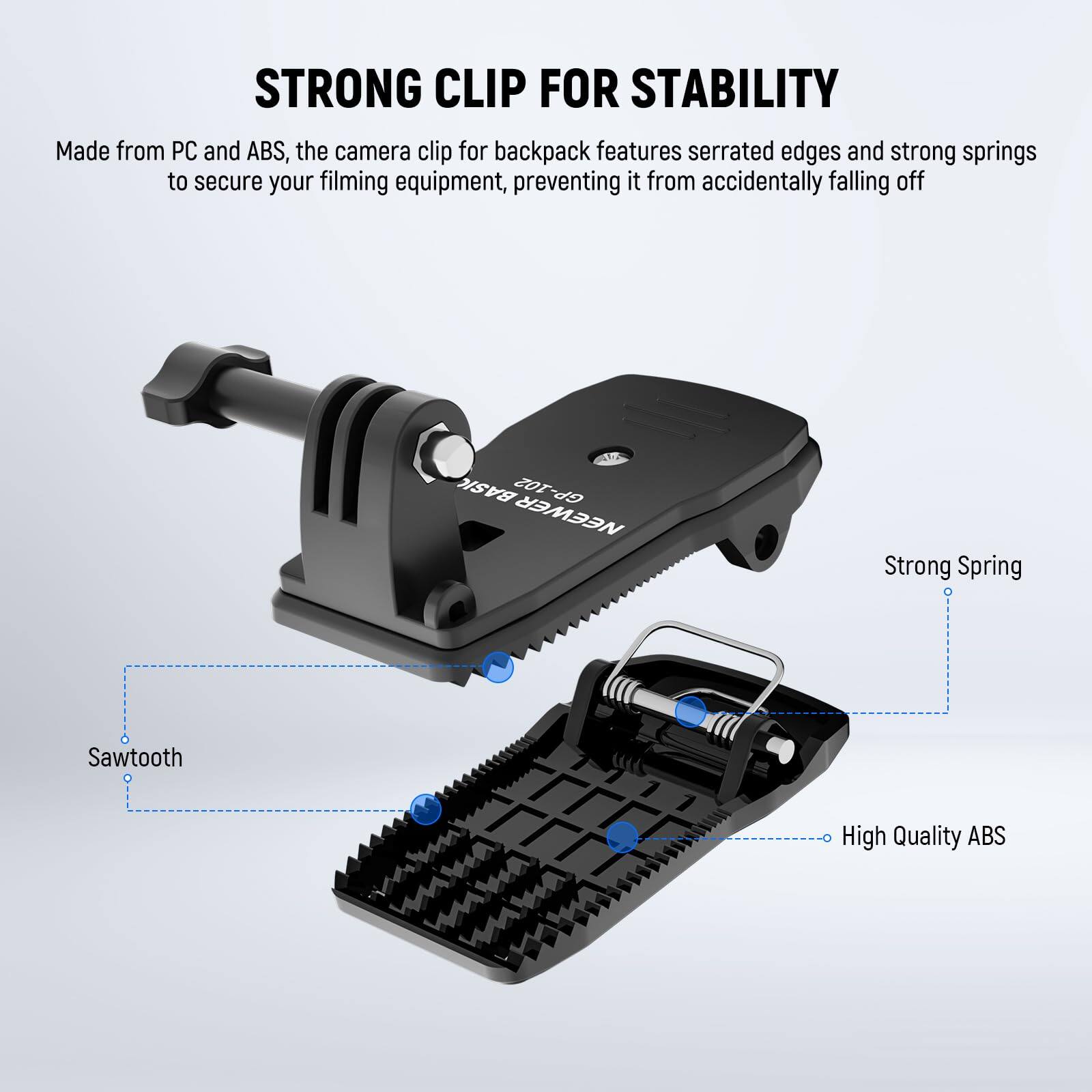 STRONG CLIP FOR STABILITY

Made from PC and ABS, the camera clip for backpack features serrated edges and strong springs to secure your filming equipment, preventing it from accidentally falling off.

- Sawtooth
- Strong Spring
- High Quality ABS