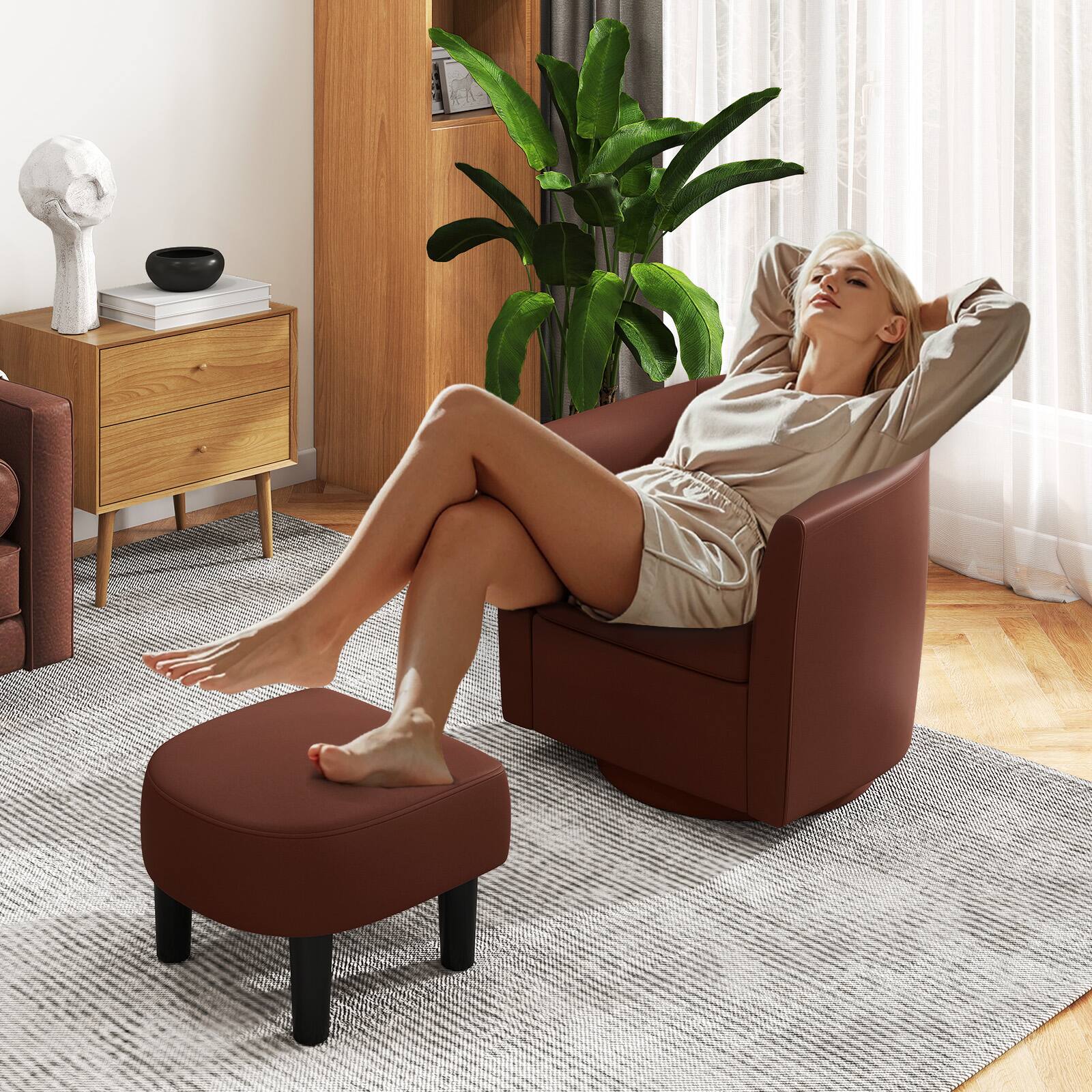 Alt View 1. SlickBlue - Upholstered Swivel Accent Chair with Matching Ottoman and Curved Design - Brown.