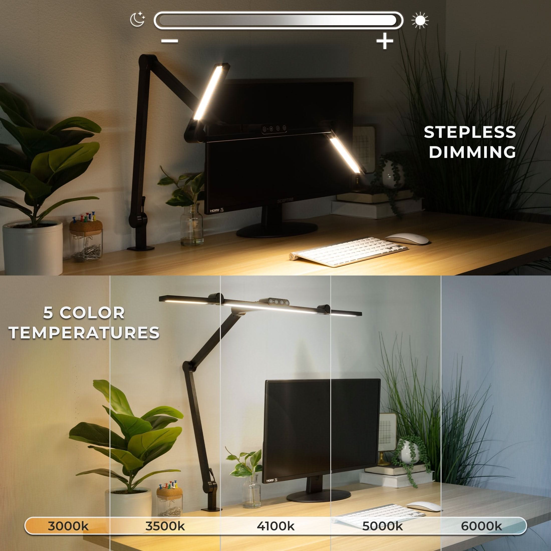 - Stepless Dimming
- 5 Color Temperatures: 3000k, 3500k, 4100k, 5000k, 6000k