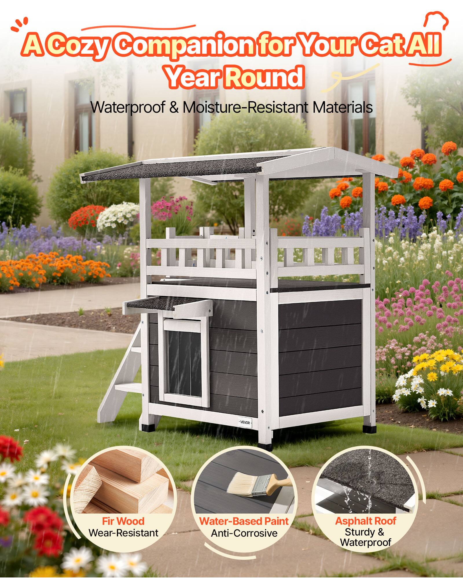 A Cozy Companion for Your Cat All Year Round  
Waterproof & Moisture-Resistant Materials  

- Fir Wood  
  Wear-Resistant  

- Water-Based Paint  
  Anti-Corrosive  

- Asphalt Roof  
  Sturdy & Waterproof