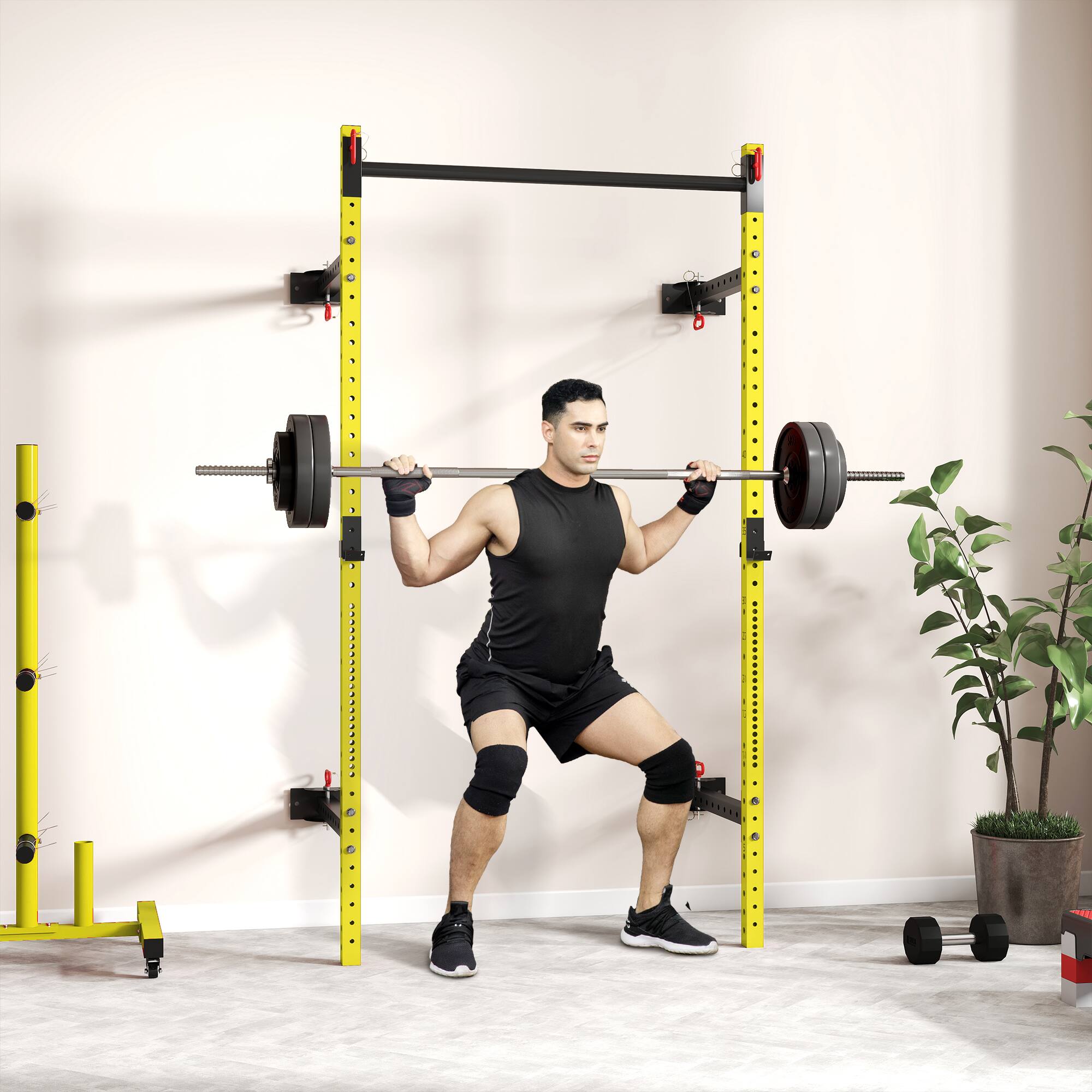 Alt View 1. Soozier - Folding Squat Rack with Adjustable Pull-Up Bar, 1000 Pounds Capacity Wall Mounted Power Rack, Adjustable Barbell Rack - Yellow.