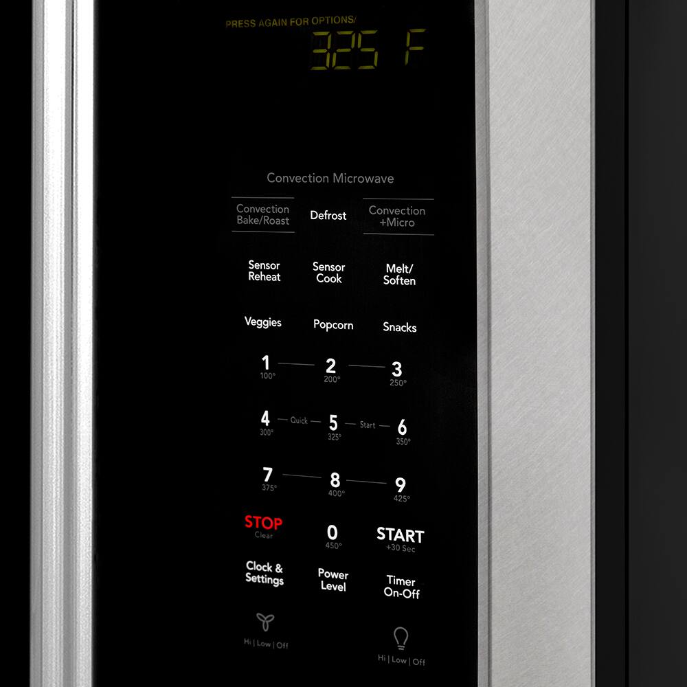 PRESS AGAIN FOR OPTIONS

325 F

Convection Microwave
- Convection Bake/Roast
- Defrost
- Sensor Reheat
- Sensor Cook
- Melt/Soften
- Veggies
- Popcorn
- Snacks

1 100
2 200
3 250
4 300
5 325
6 350
7 375
8 400*
9 425

STOP Clear Clock & Settings
0 450 Power Level

START +30 Sec Timer On-Off

Hi | Low | Off