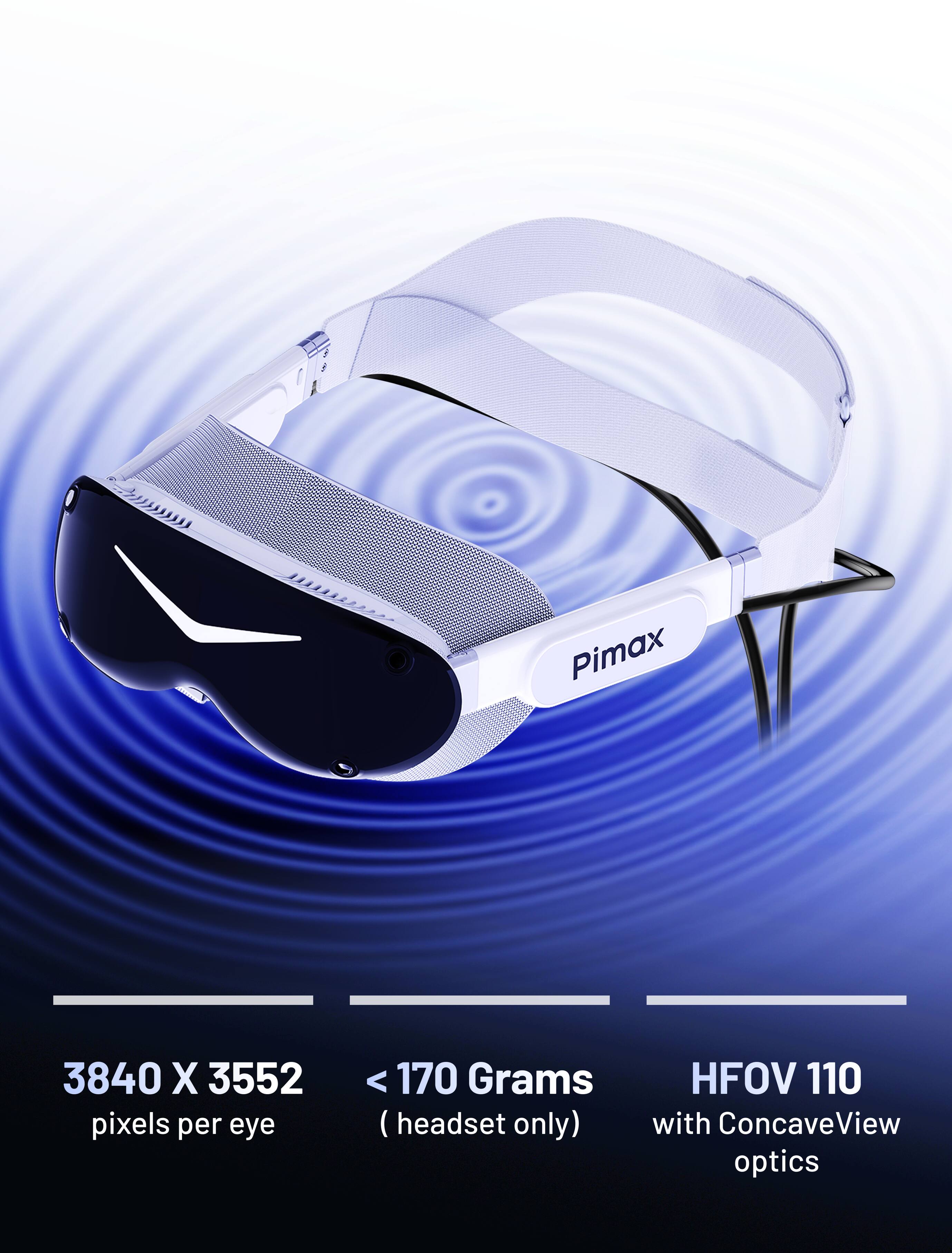 Pimax  
3840 X 3552 pixels per eye  
< 170 Grams (headset only)  
HFOV 110 with ConcaveView optics