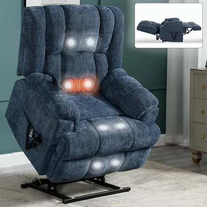 Front. Kadyn - Dual Motor Power Lift Recliner, Massage & Heat, 350lb Capacity, Easy Assembly, Chenille - Blue.
