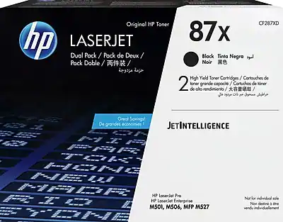 Original HP Toner
LASERJET
Dual Pack / Pack de Deux / Pack Doble / 两件装 / 2 in 1
CF287XD
87x
Black / Tinta Negra / Noir / 黑色
High Yield Toner Cartridges / Cartouches de toner grande capacité / Cartuchos de toner de alto rendimiento / 高容量墨粉盒
Great Savings! / De grandes économies!
JETINTELLIGENCE
HP LaserJet Pro
HP LaserJet Enterprise
M501, M506, MFP M527
Not for individual sale / Non destiné à être vendu individuellement