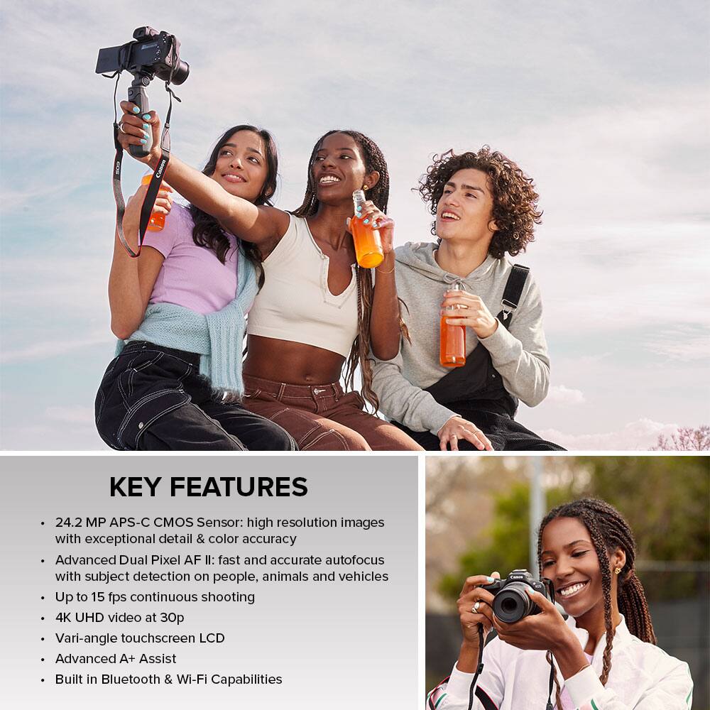 KEY FEATURES:
24.2 MP APS-C CMOS Sensor: high resolution images with exceptional detail & color accuracy
Advanced Dual Pixel AF II: fast and accurate autofocus with subject detection on people, animals and vehicles
Up to 15 fps continuous shooting
4K UHD video at 30p
Vari-angle touchscreen LCD
Advanced A+ Assist
Built in Bluetooth & Wi-Fi Capabilities