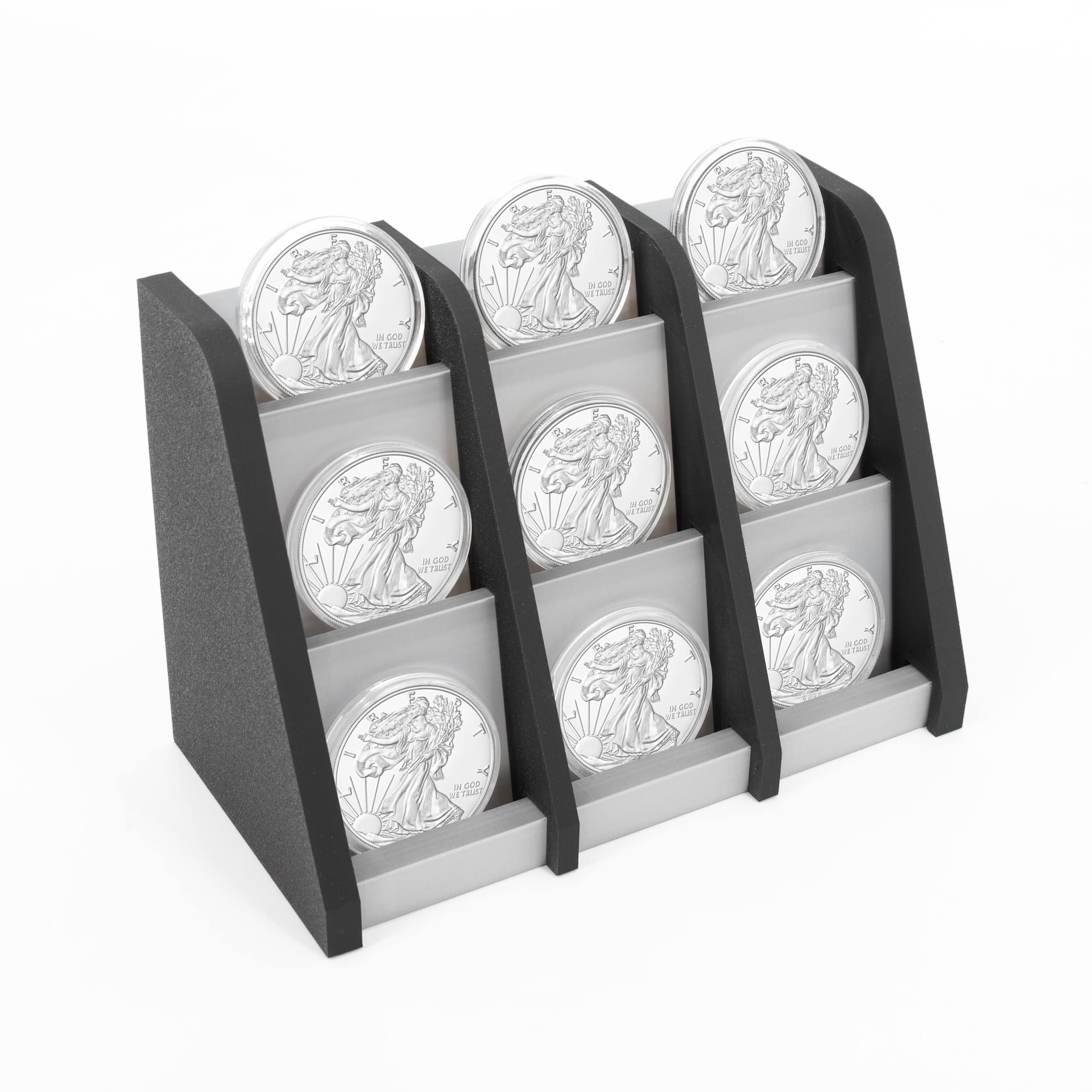 CASEMATIX - Coin Display Stand for American Silver Eagles Dollars Maple Leafs Libertads and Coin Capsules, Bullion Holder - Black/Silver