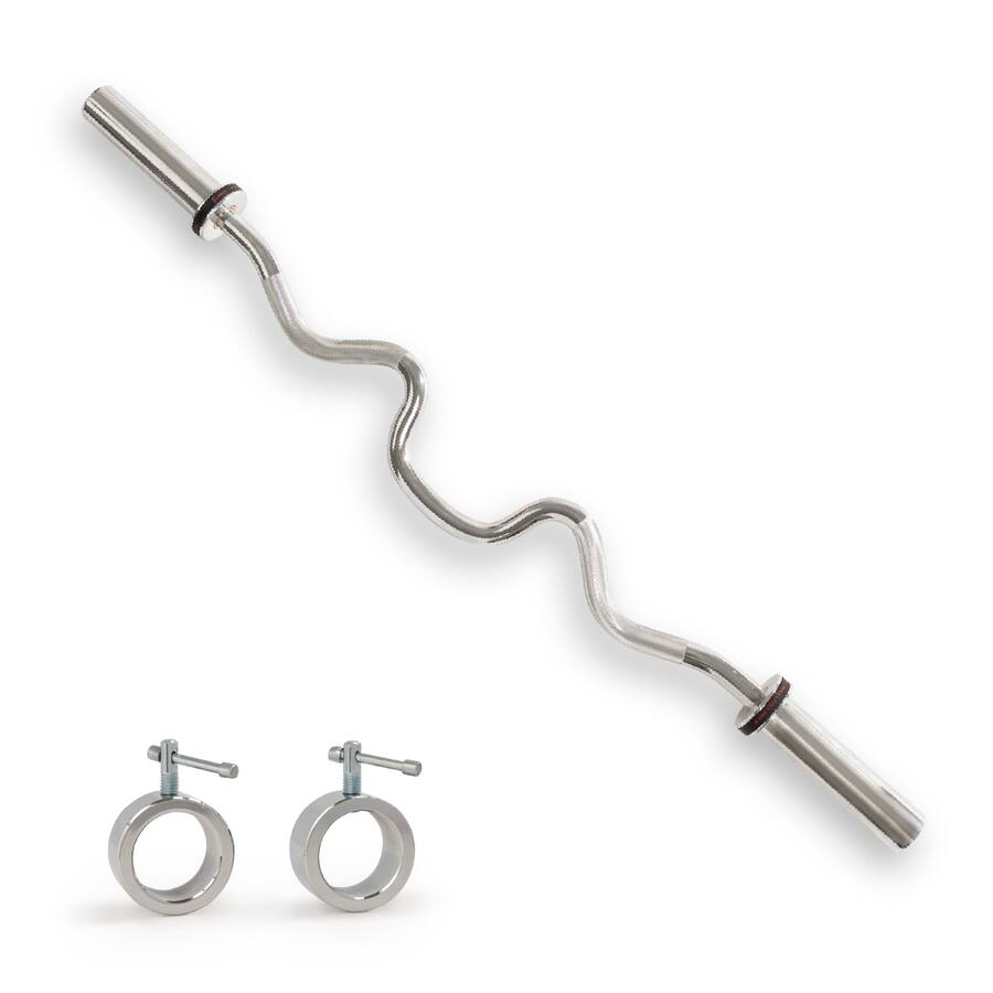 Sunny Health Fitness 48” Super Curl Olympic Barbell Bar Silver