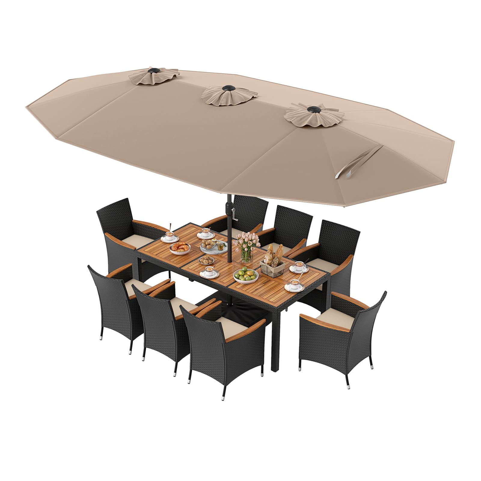 Costway - 11 PCS Patio Wicker Dining Set with Double-Sided Outdoor Umbrella 8 Stackable Chairs - Brown,White price history on PriceWatchPro