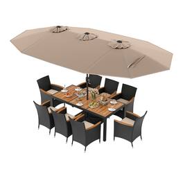 Costway - 11 PCS Patio Wicker Dining Set with Double-Sided Outdoor Umbrella 8 Stackable Chairs - Brown,White