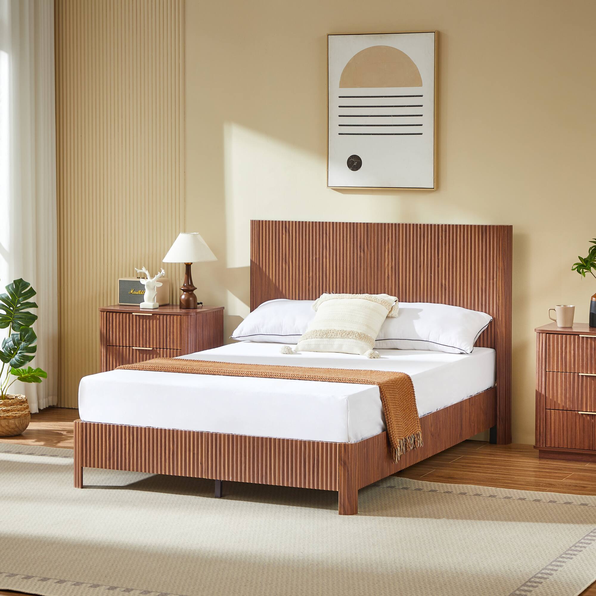 Angle. GOODSILO - Full Size Wooden Corrugated Curved Lines Bed Frame with No Box Spring Needed in Walnut Finish - Walnut.