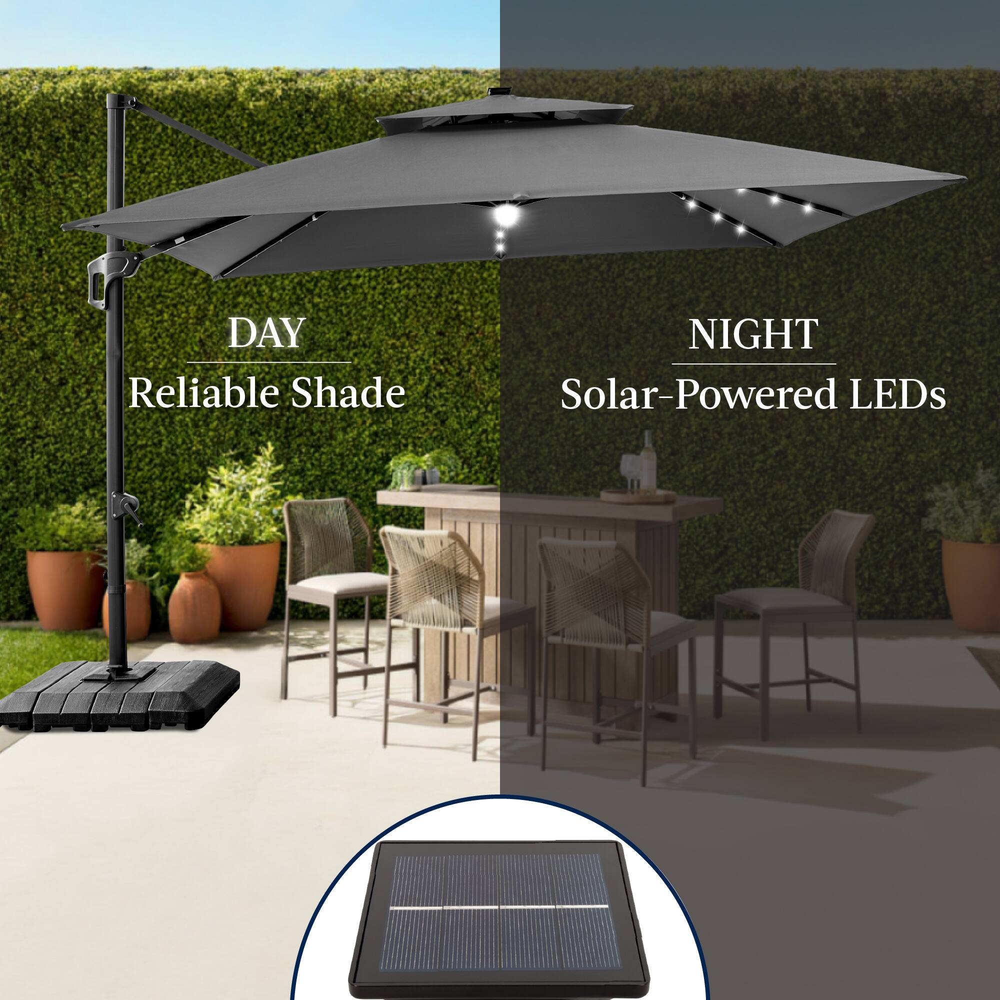 DAY  
Reliable Shade  

NIGHT  
Solar-Powered LEDs