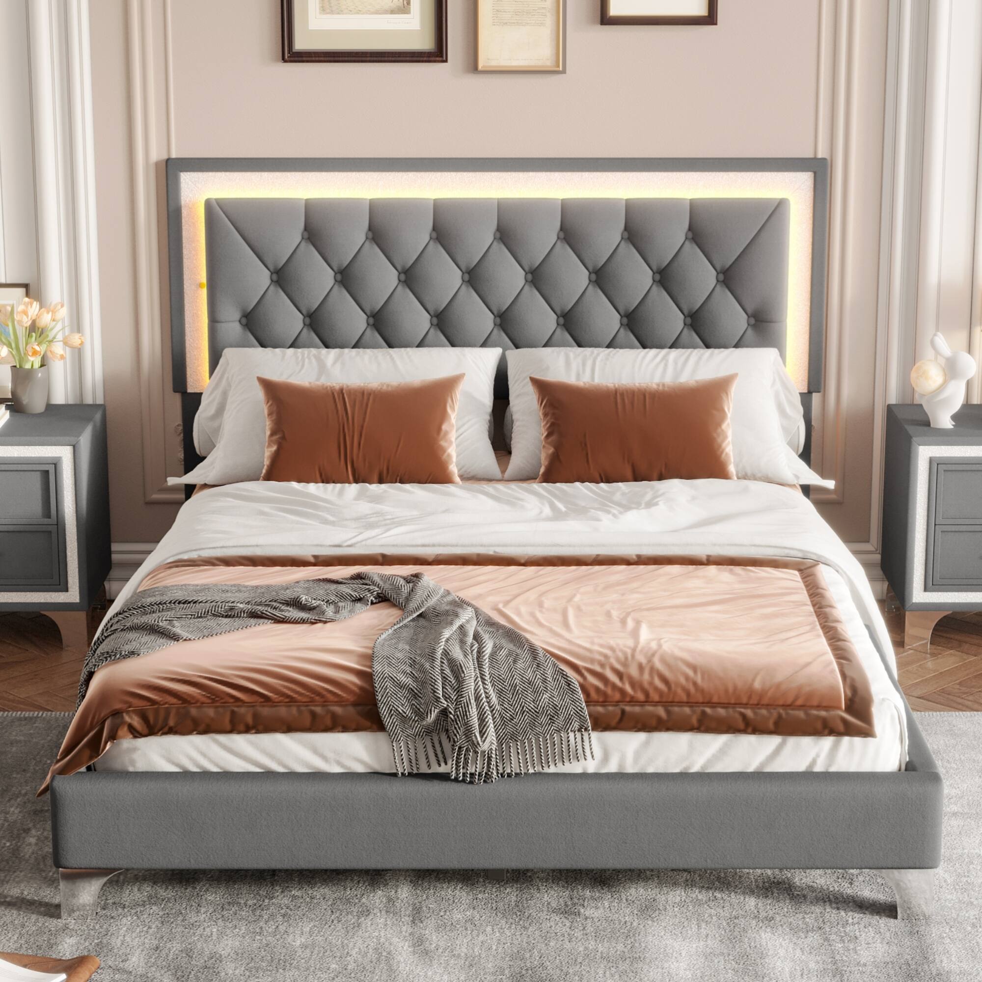 Left. GOODSILO - Elegant Velvet Upholstered Queen Bed Frame with LED Lights and Tufted Headboard - Gray.
